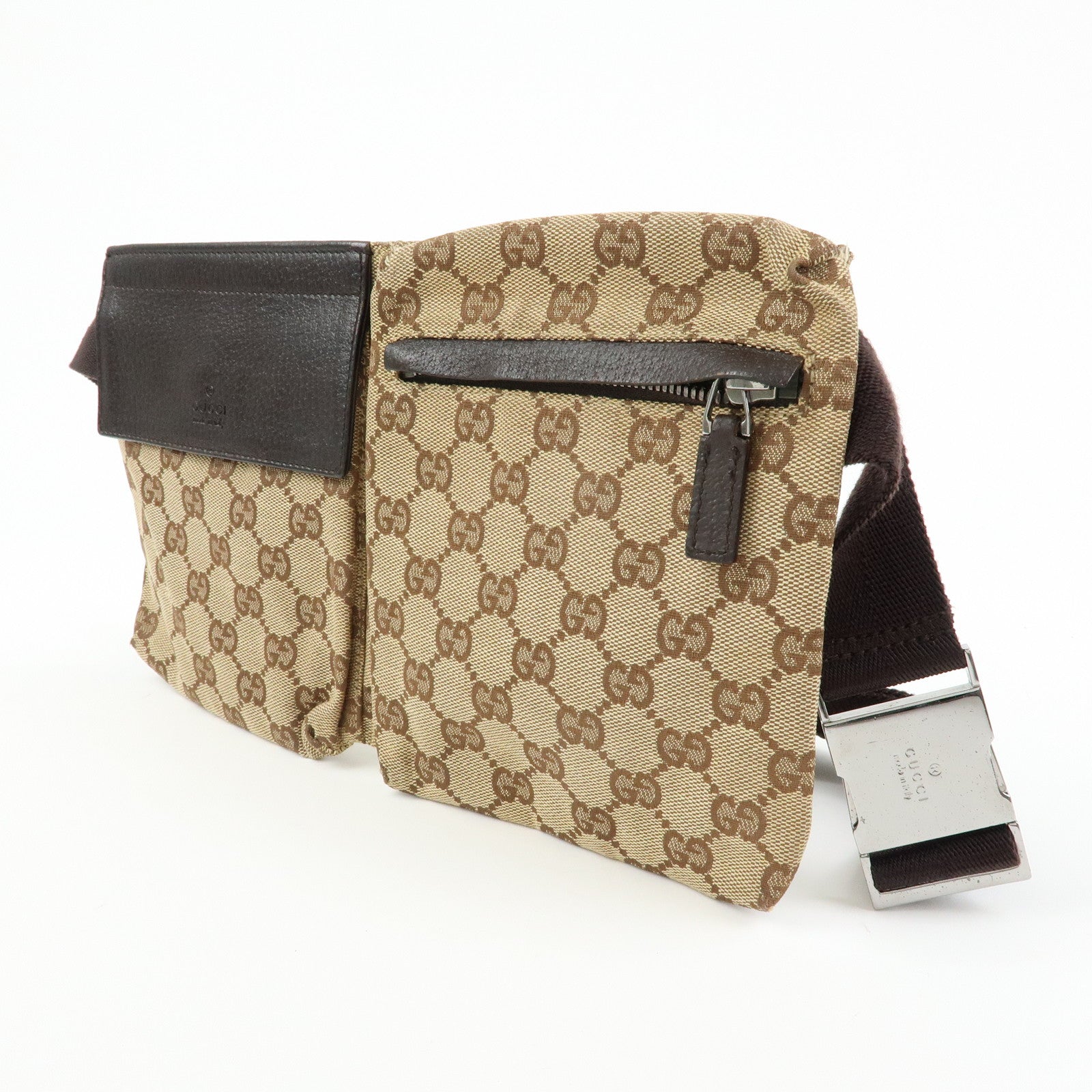 GUCCI GG Canvas Leather Waist Pouch Body Bag Beige Brown 28566
