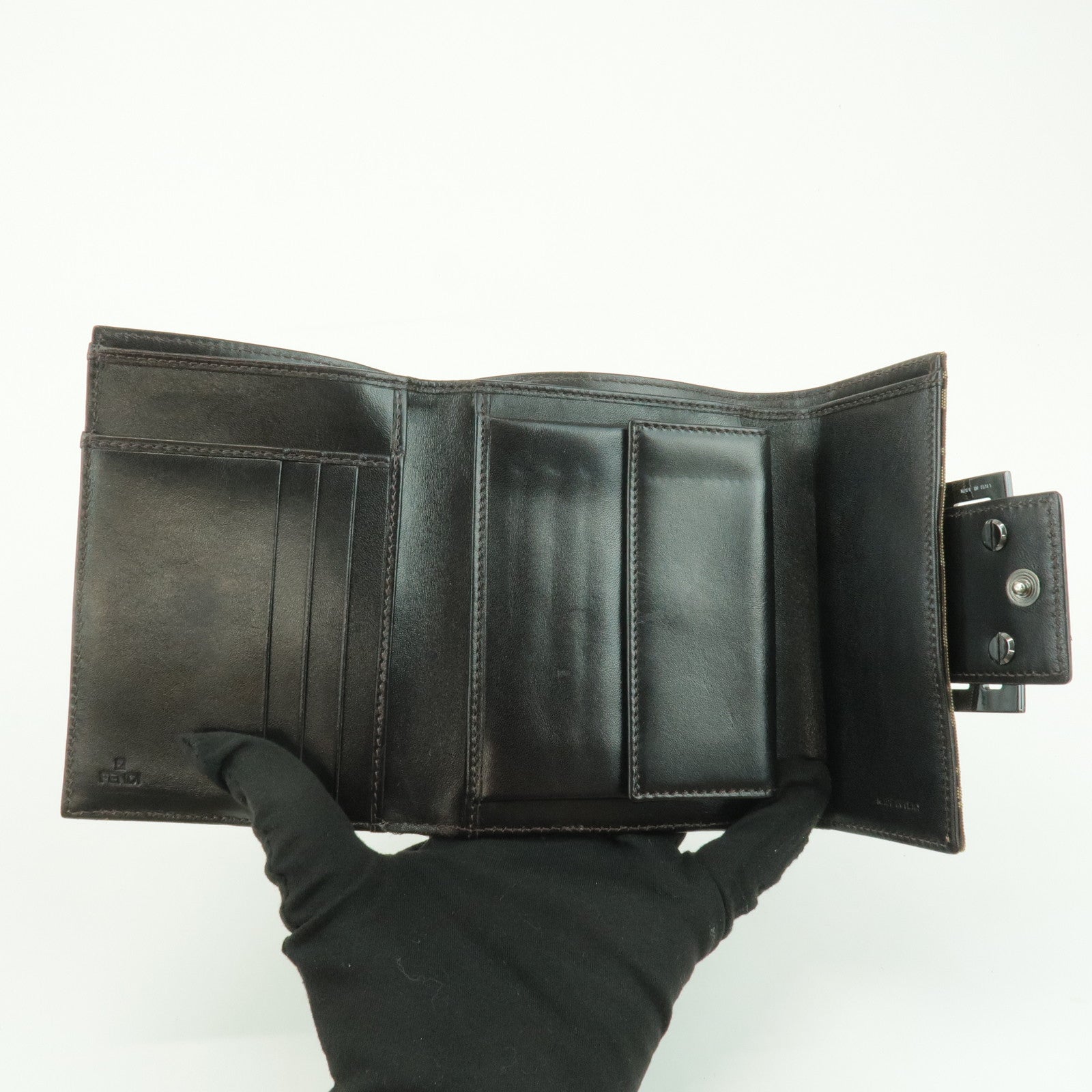 FENDI Zucchino Canvas Leather Tri-fold Wallet Beige Brown 8M0023 Used