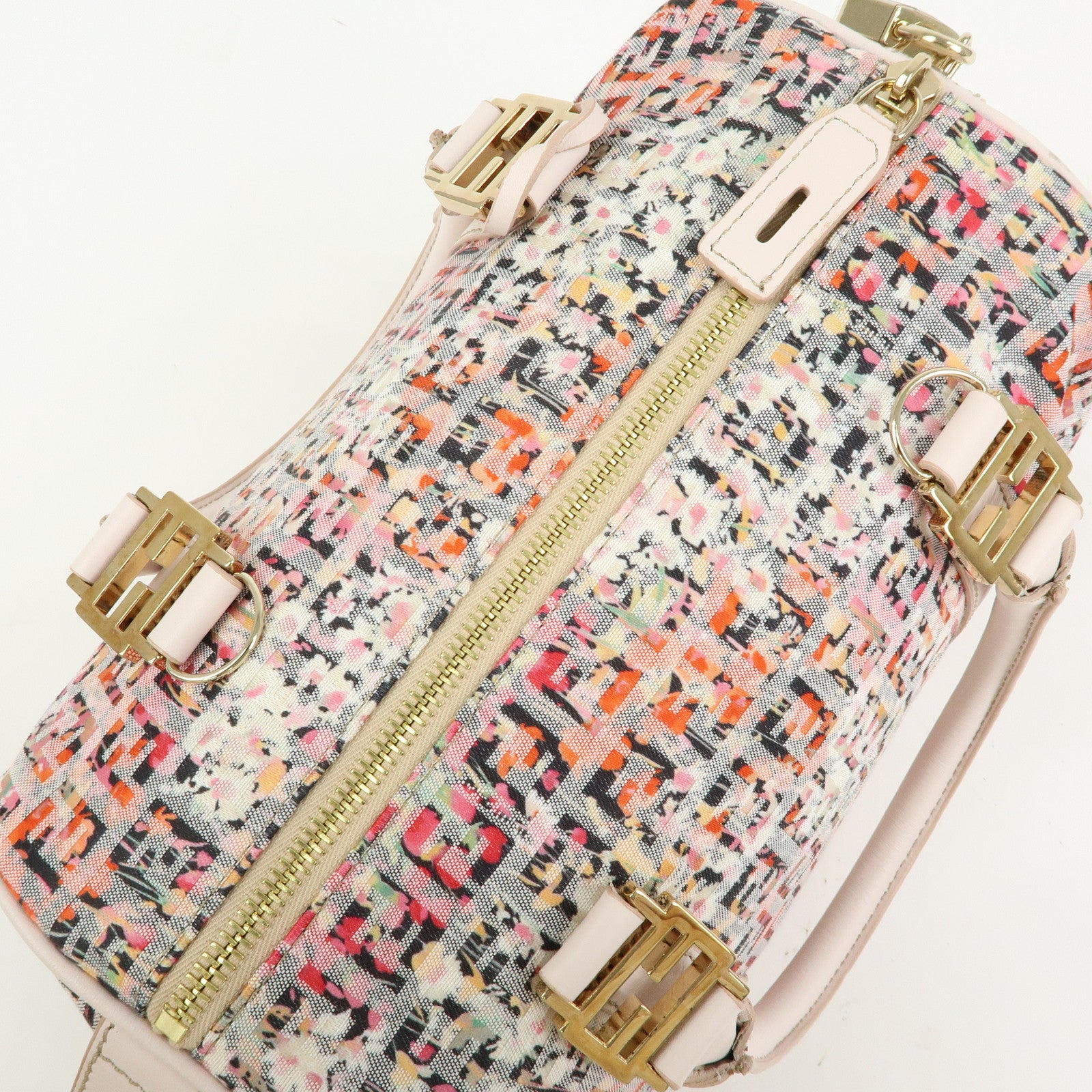 FENDI Zucchino Flower Print Canvas Leather Boston Bag Pink 8BL068