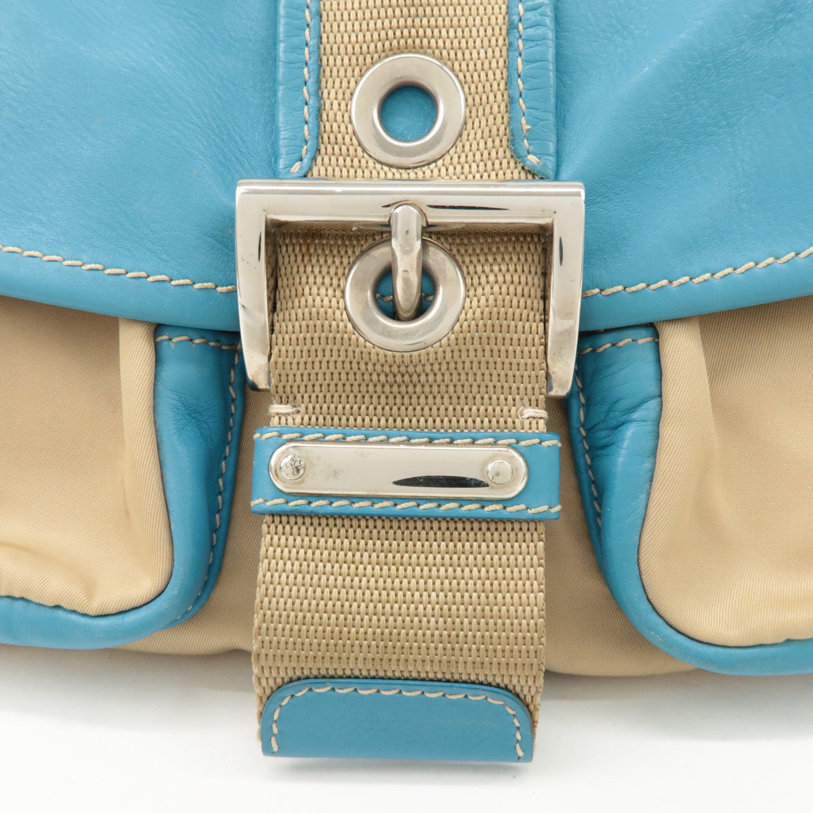PRADA Nylon Leather Shoulder Bag Crossbody Bag Blue Beige BR2417 Used