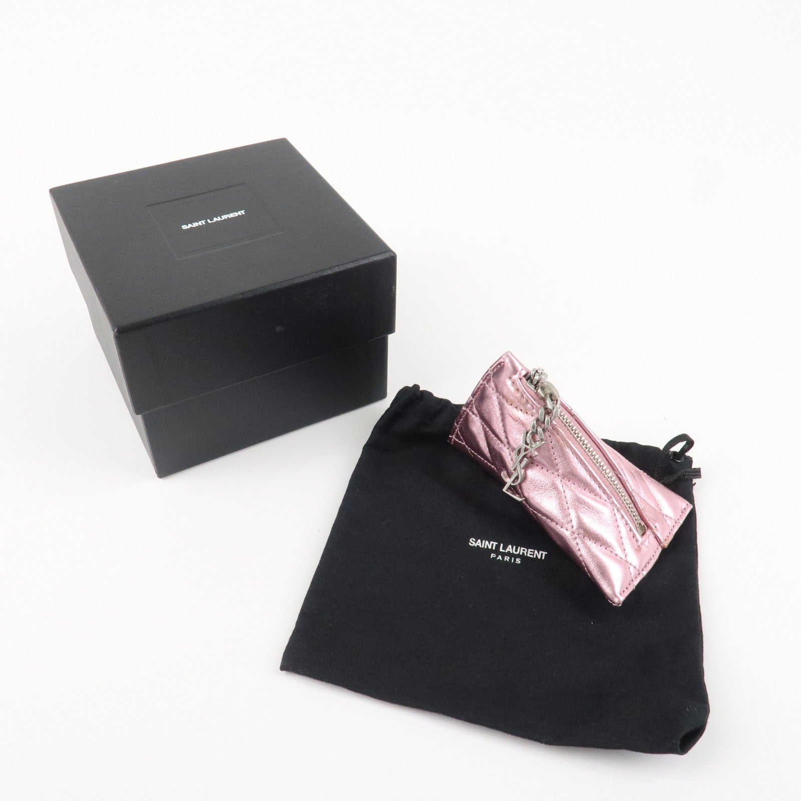 SAINT LAURENT PARIS Leather Coin Case Key Case Metallic Pink Used