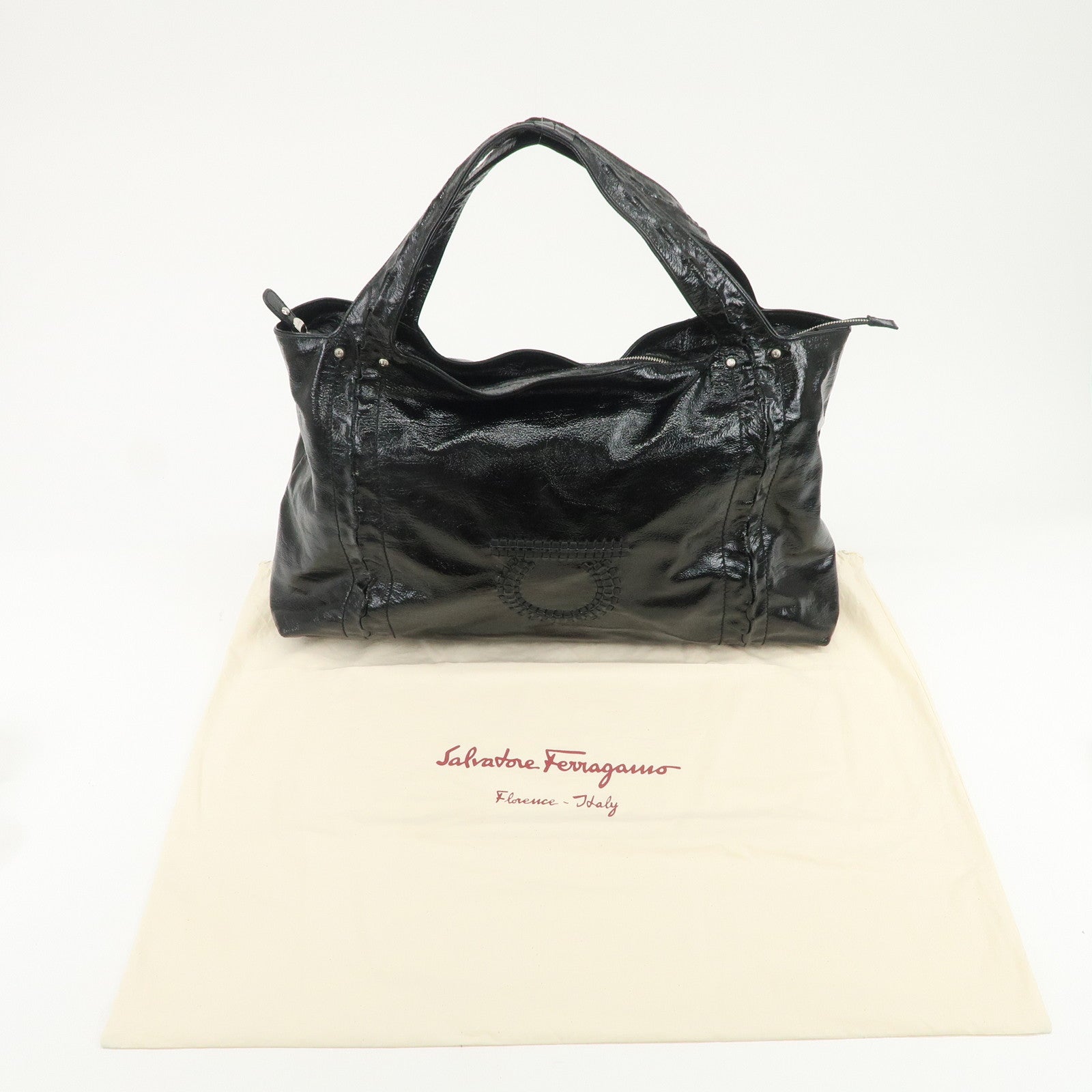 Ferragamo Gancini Logo Patent Leather Tote Bag Shoulder Bag Black
