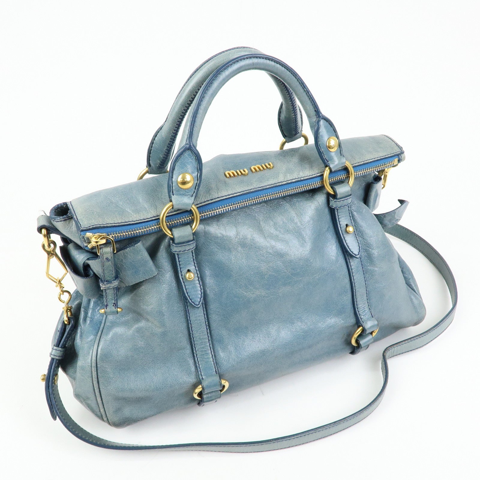 MIU MIU Side Ribbon Vittello Lux 2Way Bag Hand Shoulder Bag Blue
