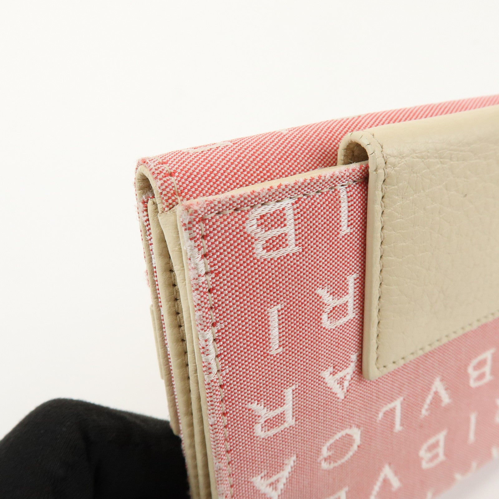 BVLGARI Logo Mania Canvas Leather Compact Wallet Pink Ivory