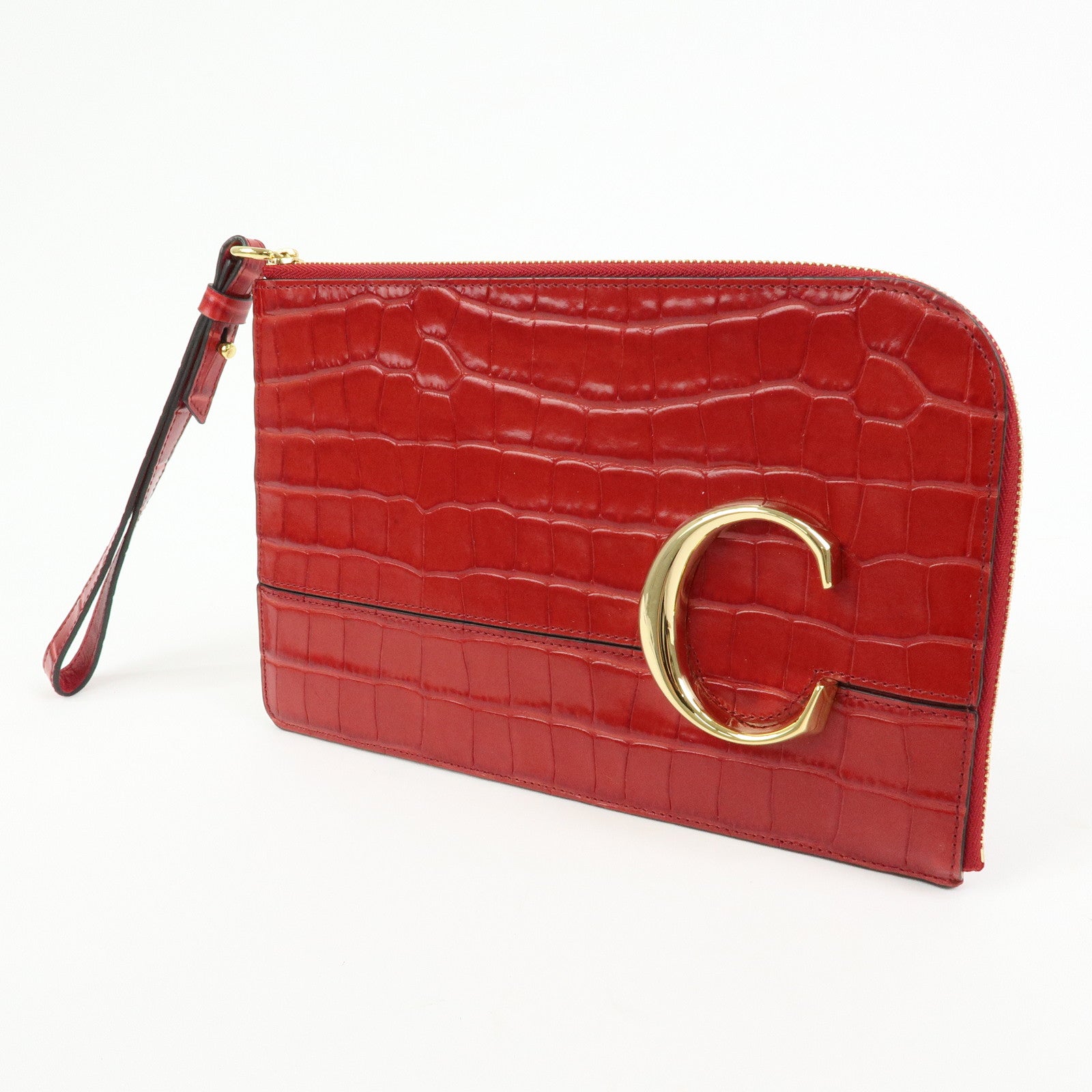 Chloe See By Chloe Embossed Leather Clutch Bag Flat Pouch Red