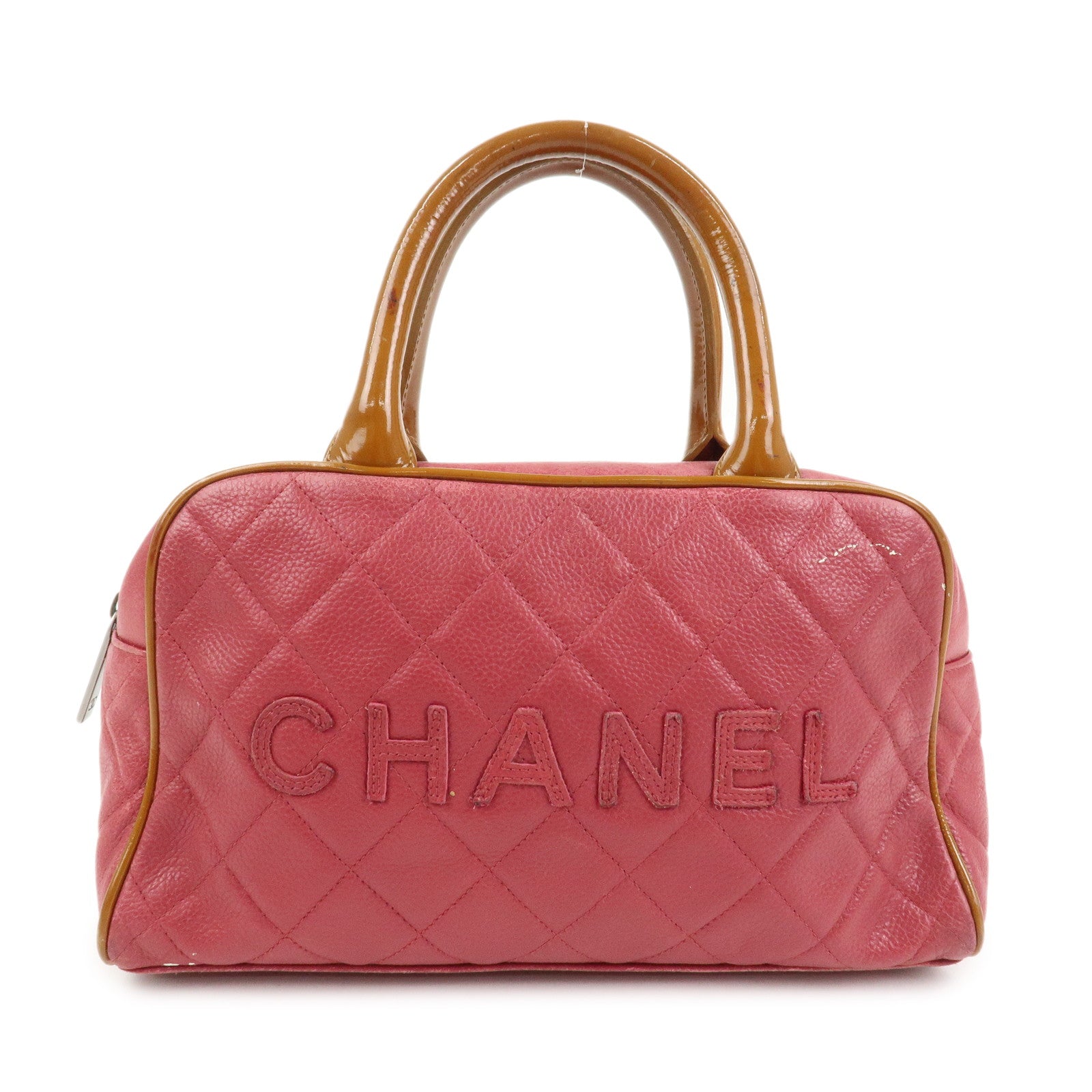 CHANEL Matelasse Leather Patent Leather Mini Boston Bag Pink Brown
