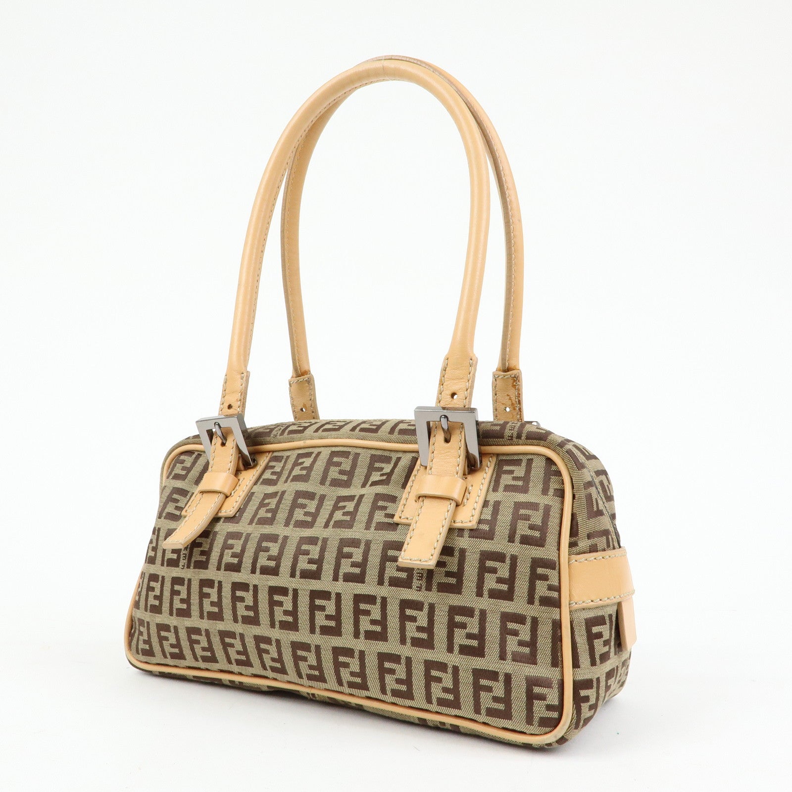 FENDI Zucchino Canvas Leather Small Boston Hand Bag Brown 8BN004