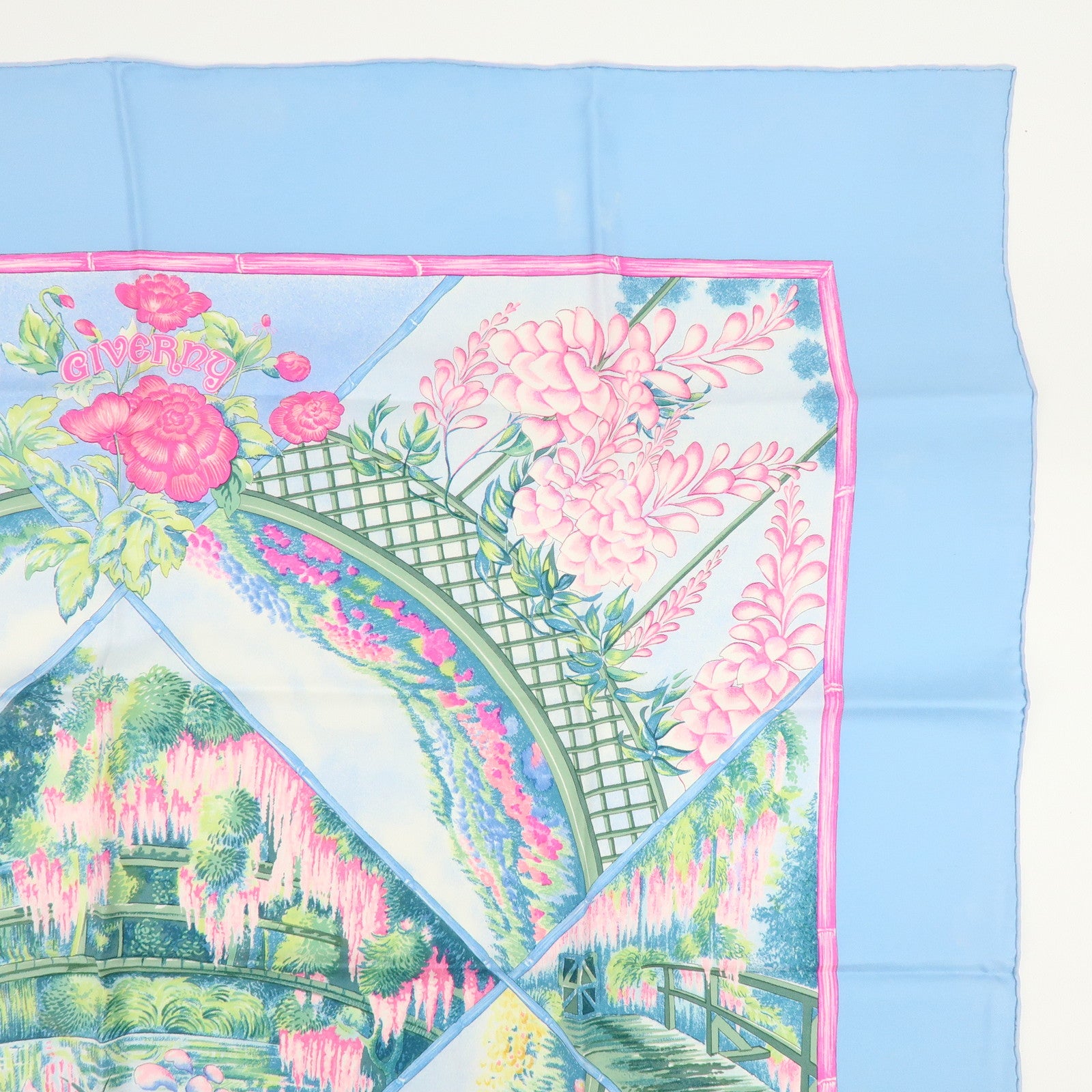 HERMES Carre 90 Silk 100% Scarf GIVERNY Light Blue Pink