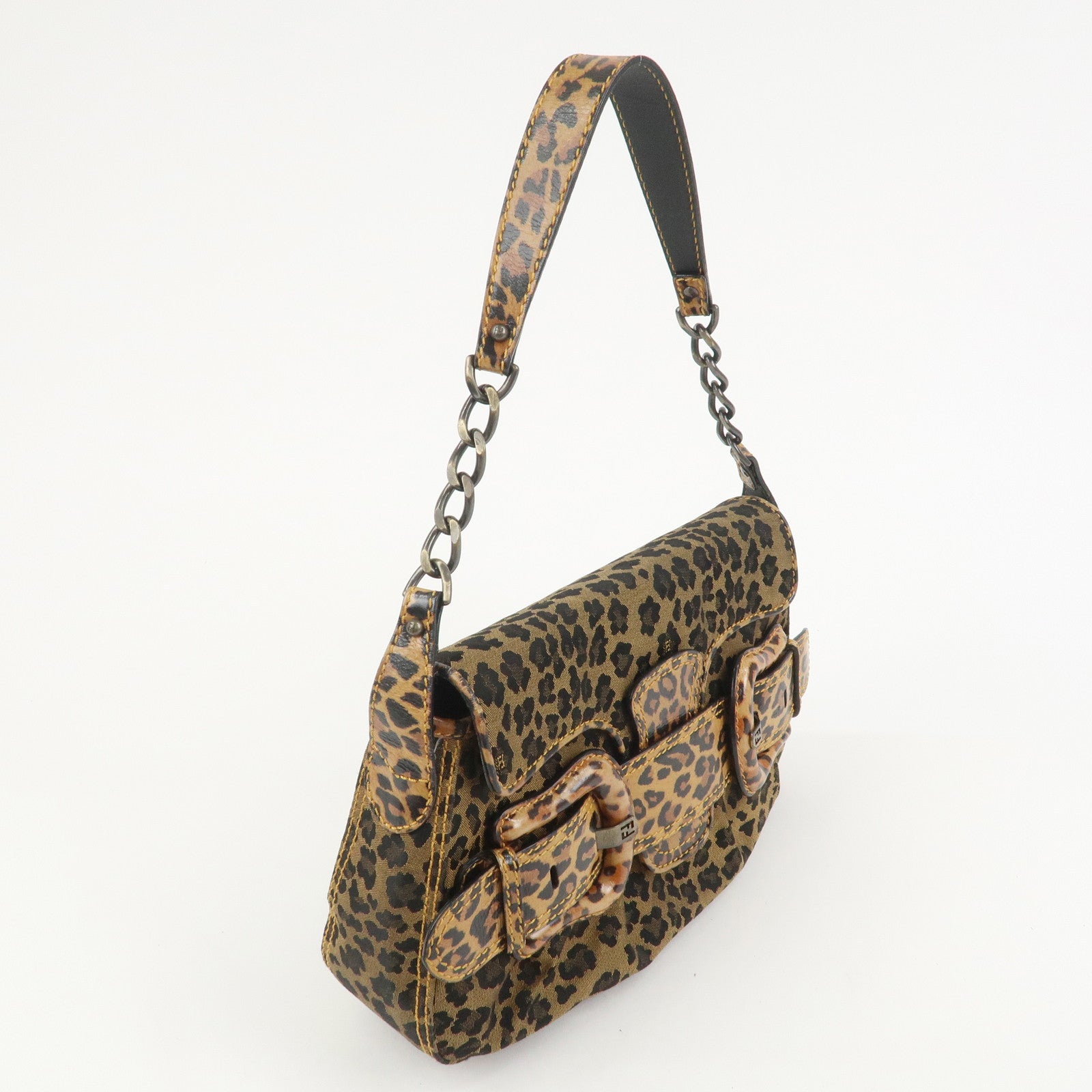 FENDI Canvas Leather Shoulder Bag Hand Bag Leopard Brown 8BR551