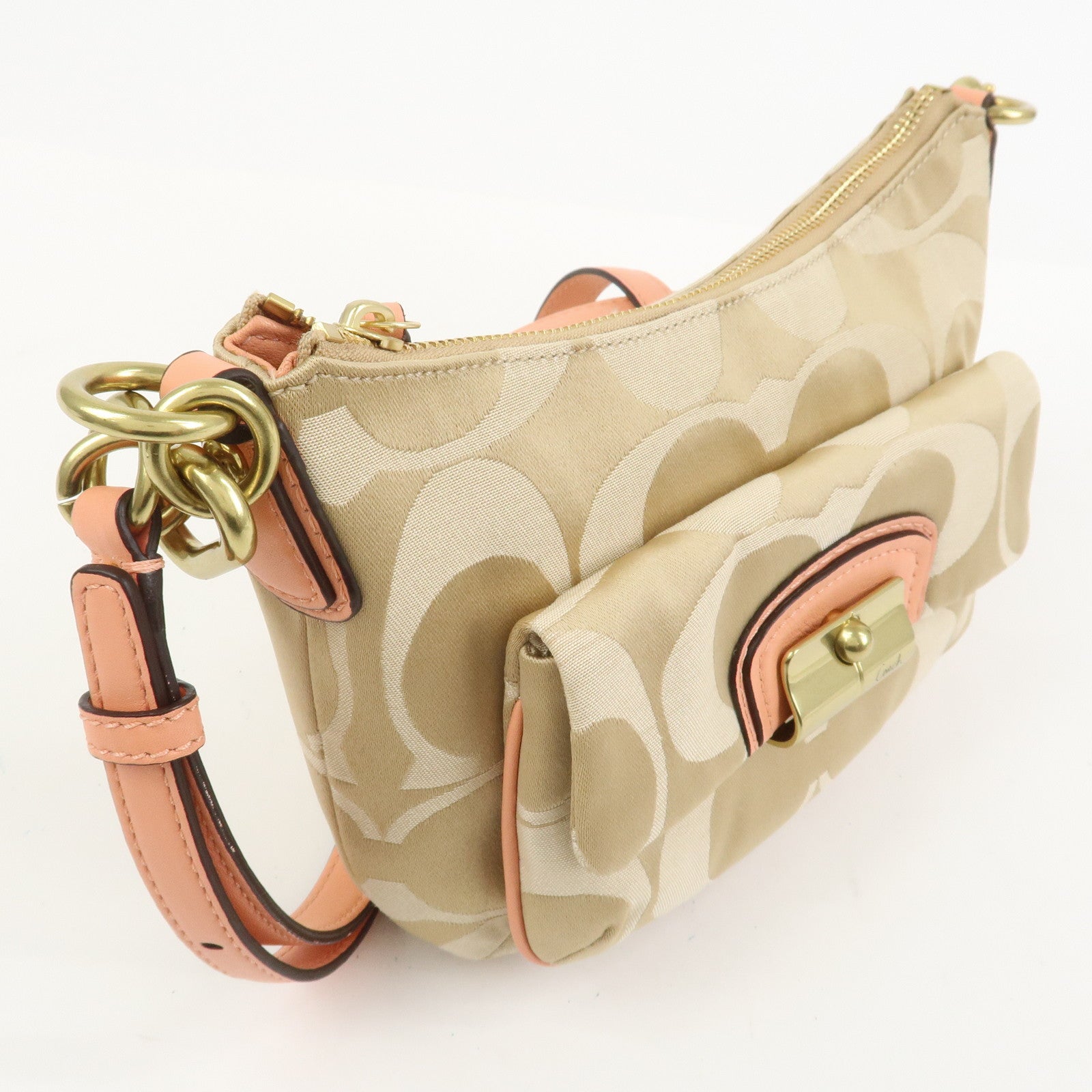 COACH Signature Canvas Leather Shoulder Crossbody Bag Beige Pink