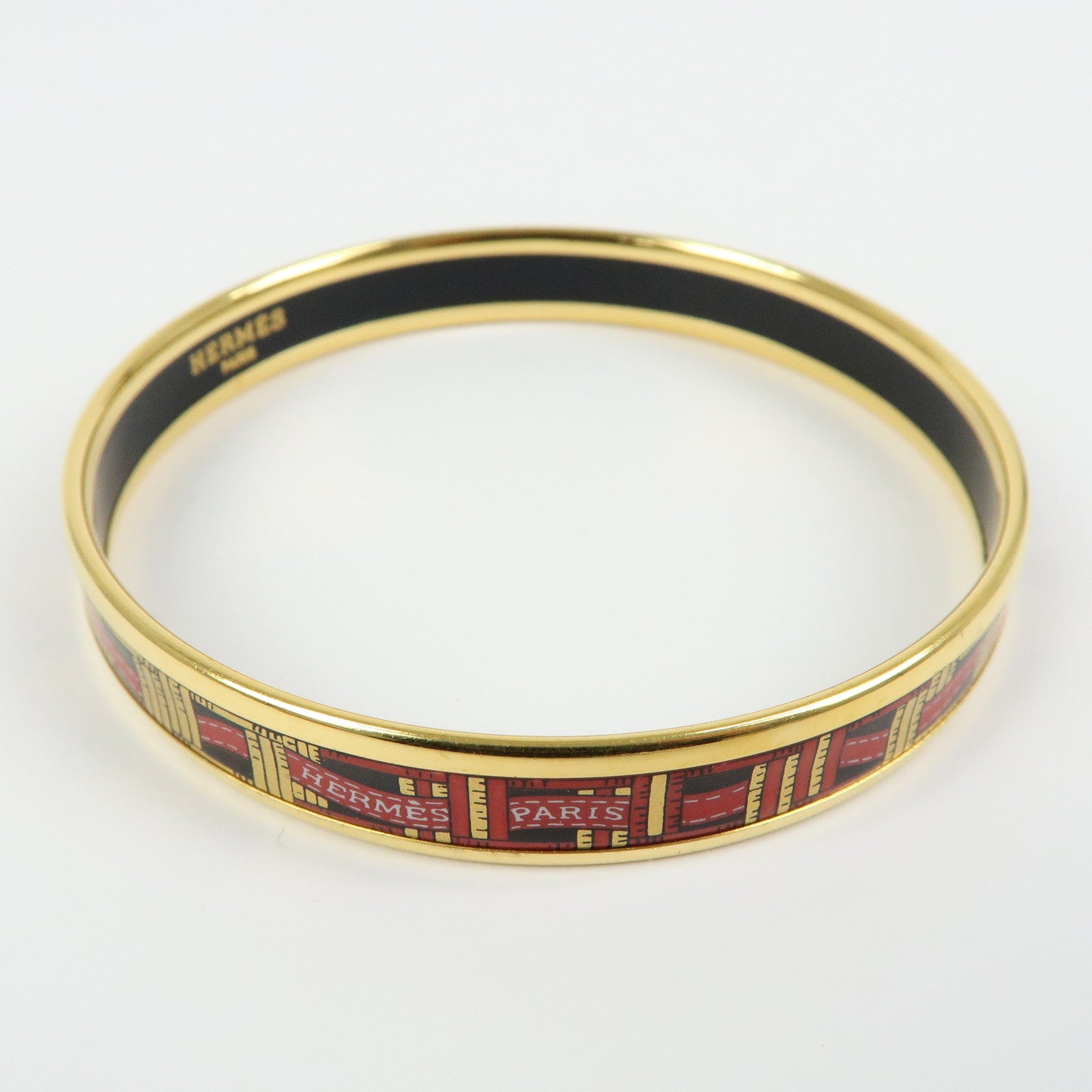 HERMES Email PM Bracelet Bangle Ribbon Motif Metal Gold Red Black