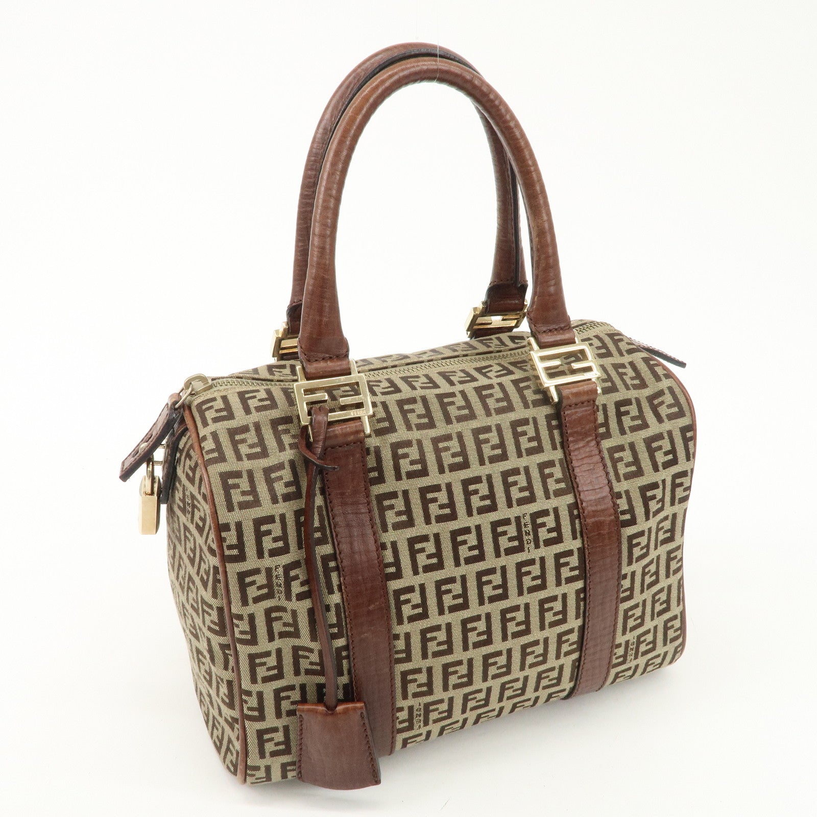 FENDI Zucchino Canvas Leather Boston Bag Brown Beige 8BL068 Used