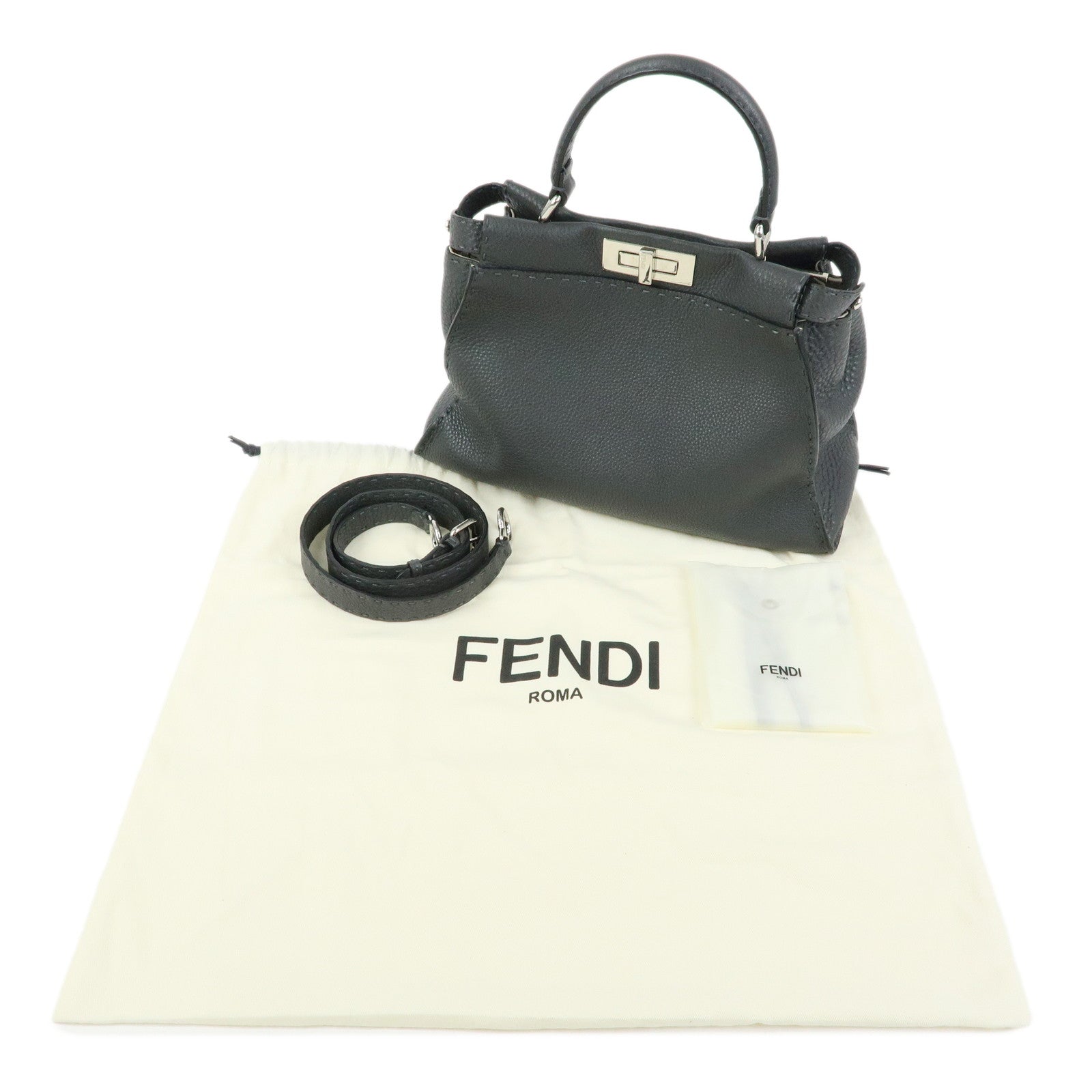 FENDI Selleria Leather 2Way Bag Hand Bag Shoulder Bag Grey 8BN290