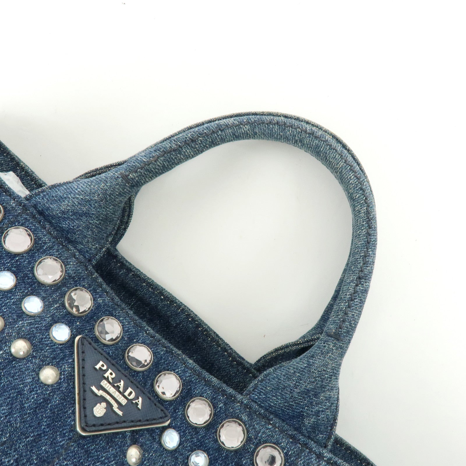 PRADA Canapa Mini Triangle Logo Denim 2Way Tote Shoulder Bag B2439O