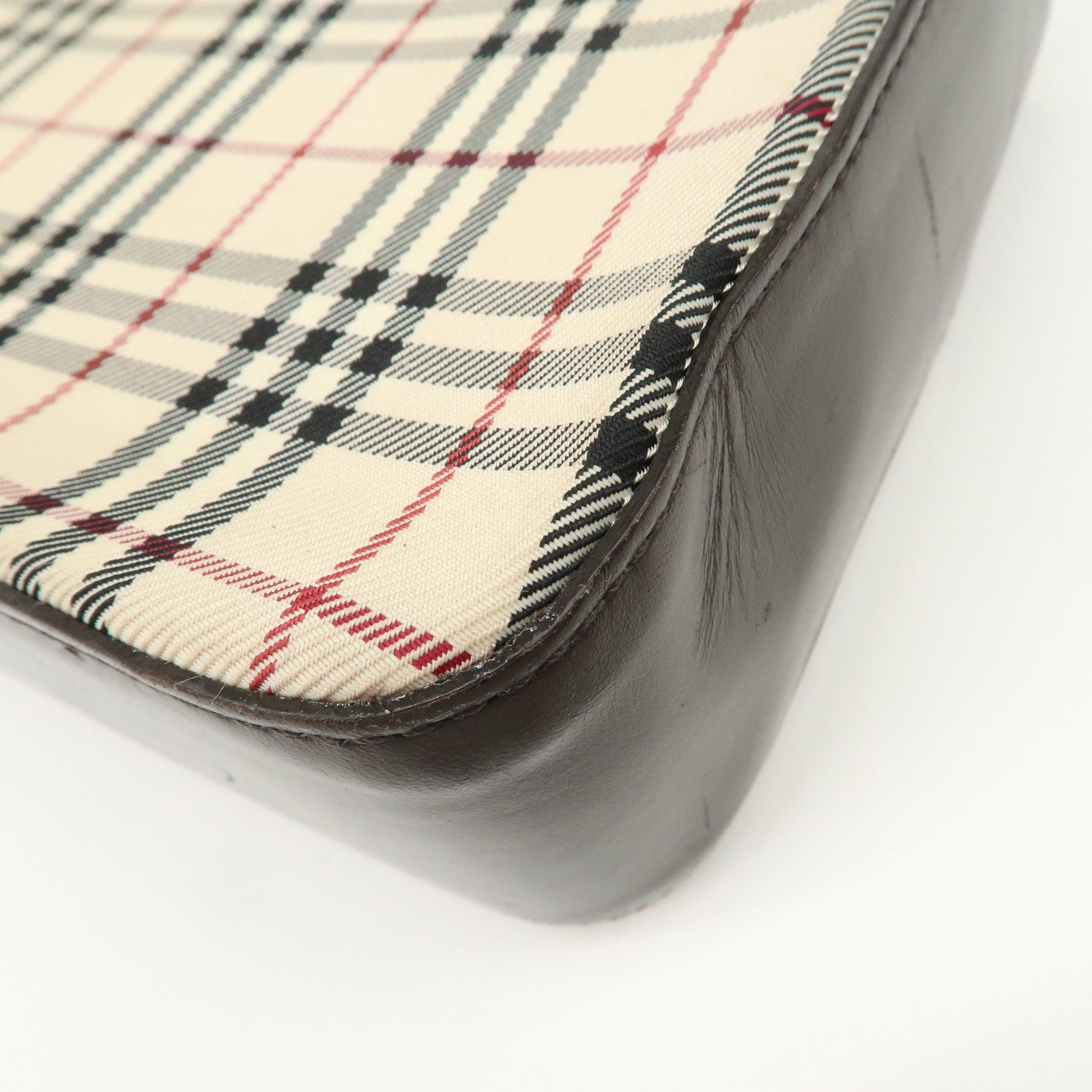 BURBERRY Leather Canvas Shoulder Bag Nova Plaid Brown