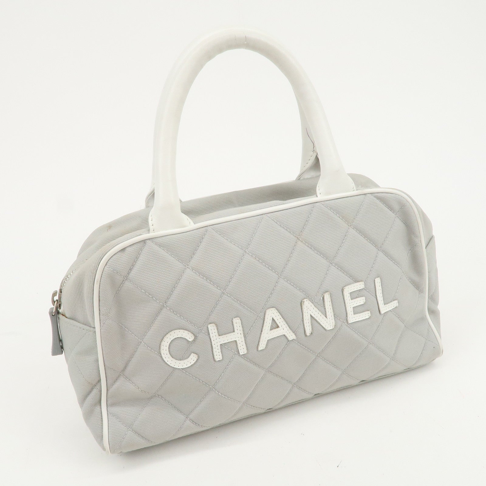 CHANEL Sport Line Canvas Leather Boston Bag Hand Bag Gray White
