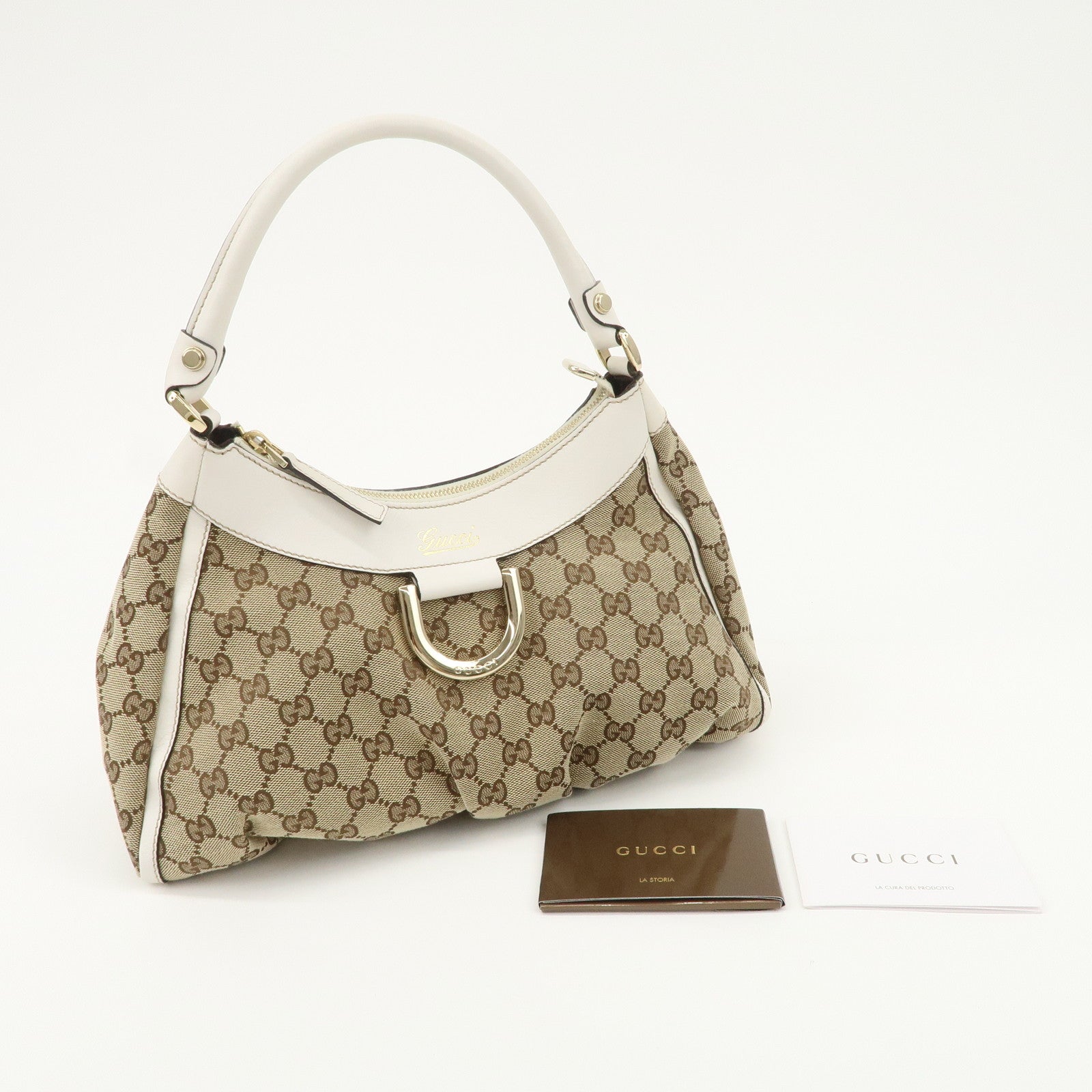 GUCCI Abbey Leather GG Canvas Shoulder Bag Beige White 190525