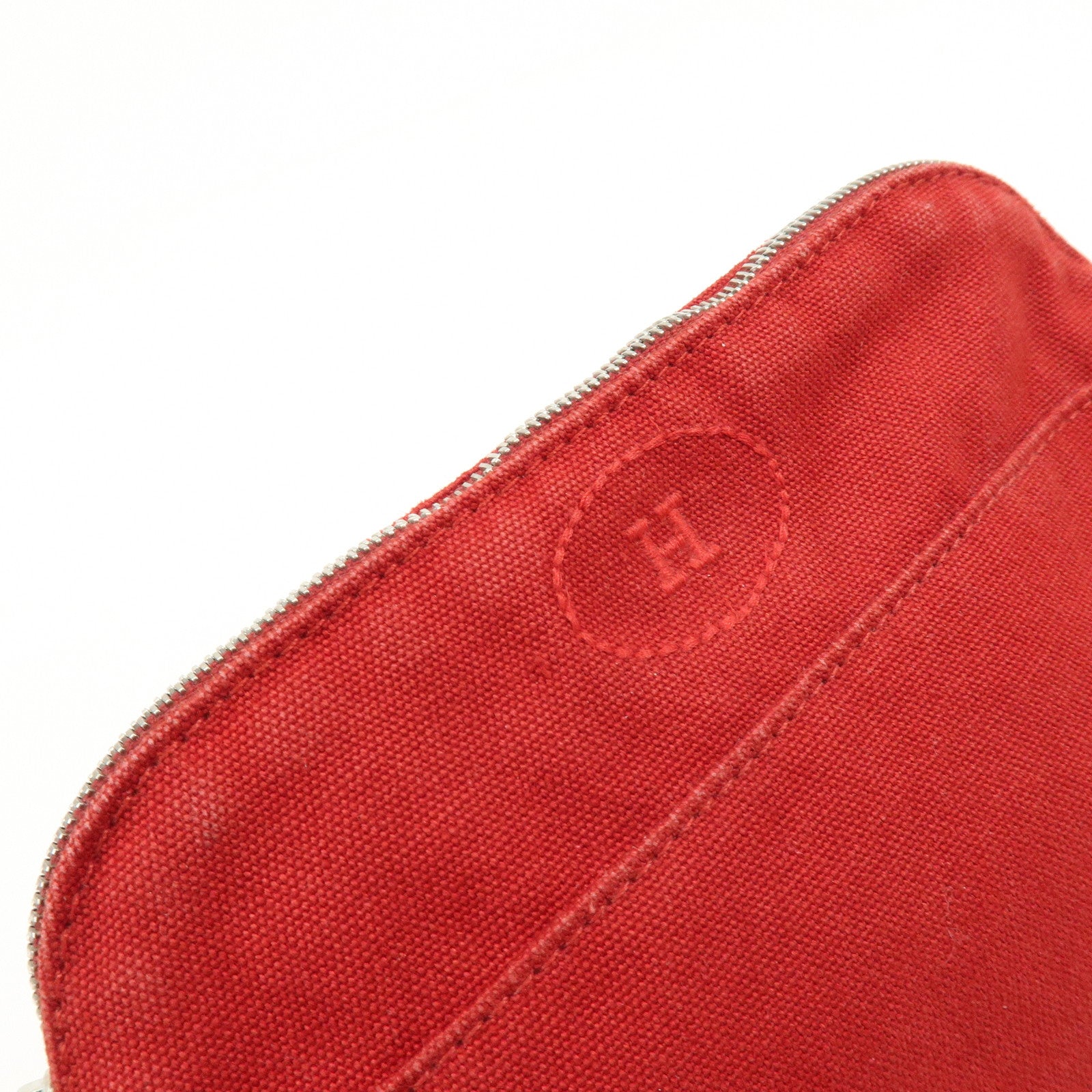 HERMES Bolide Mini Cotton Leather Pouch Cosmetic Case Red Beige