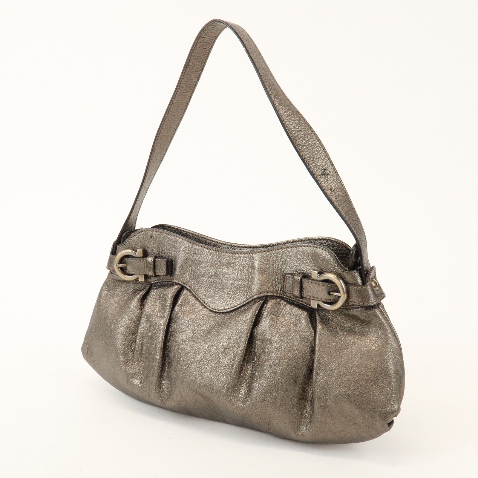 Ferragamo Gancini Leather Shoulder Bag Hand Bag Bronze