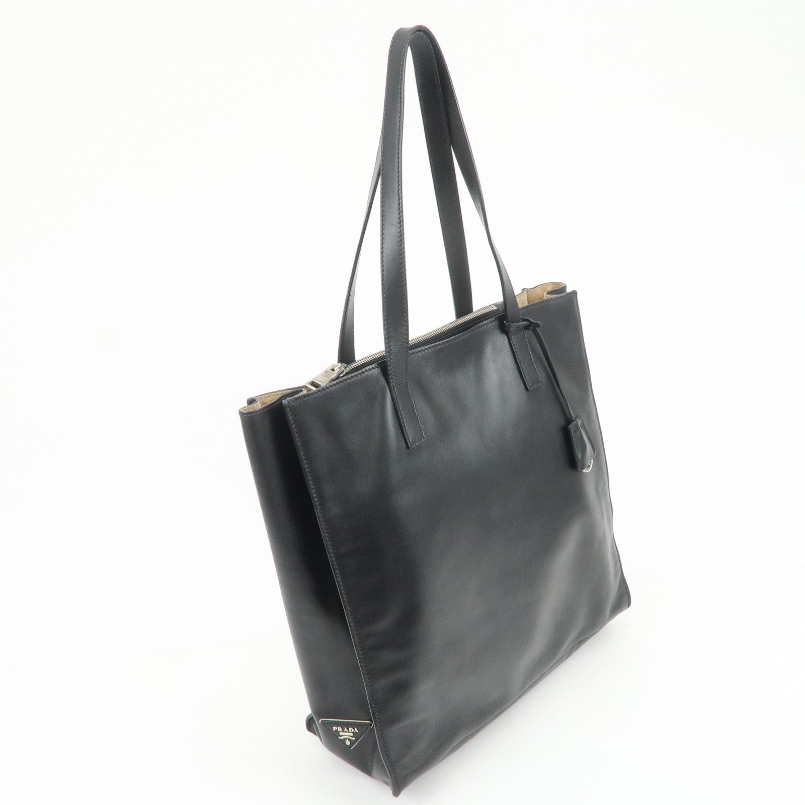 PRADA Triangle Logo Leather Tote Bag Hand Bag Black 1BG002