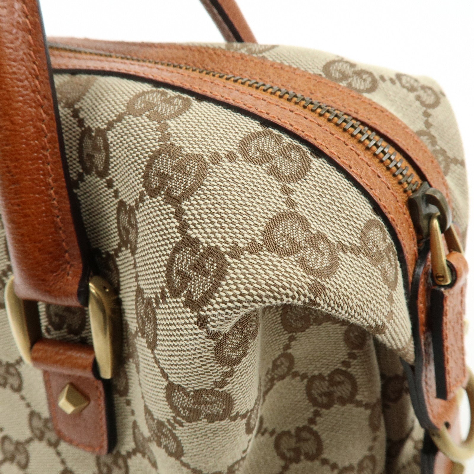 GUCCI GG Canvas Leather Hand Bag Boston Bag Beige Brown 120886