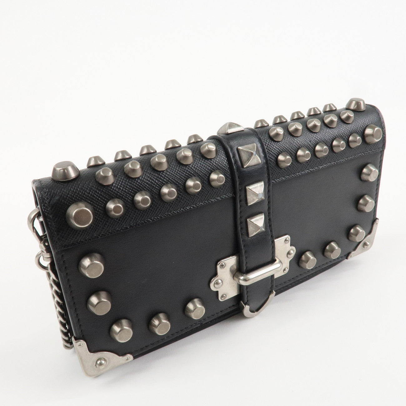 PRADA Leather Studs Chain Wallet Chain Bag Black Used