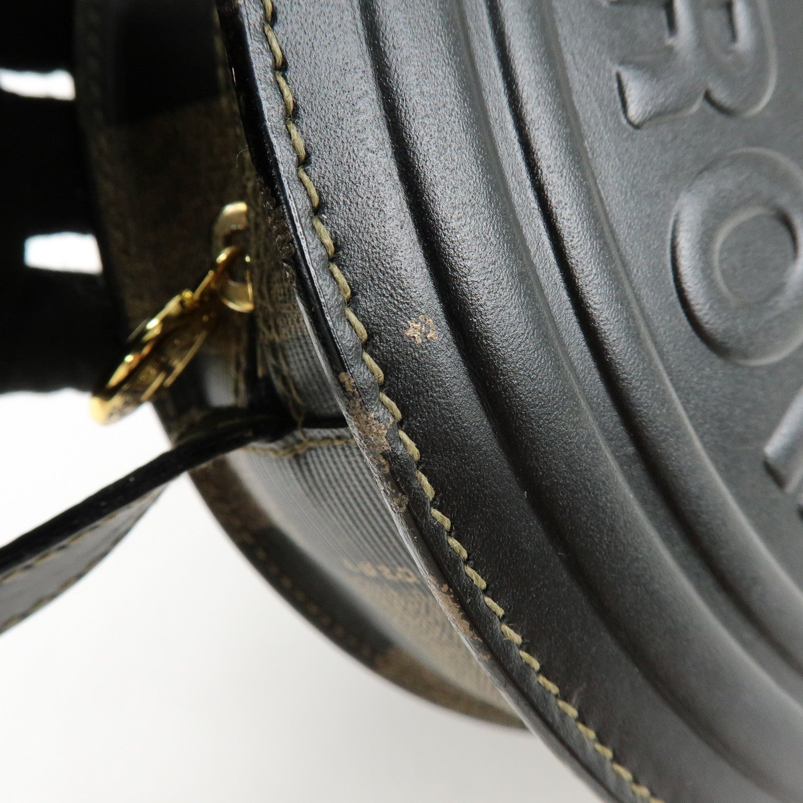 FENDI Leather PVC Round Shoulder Bag Checker Pattern Black Brown