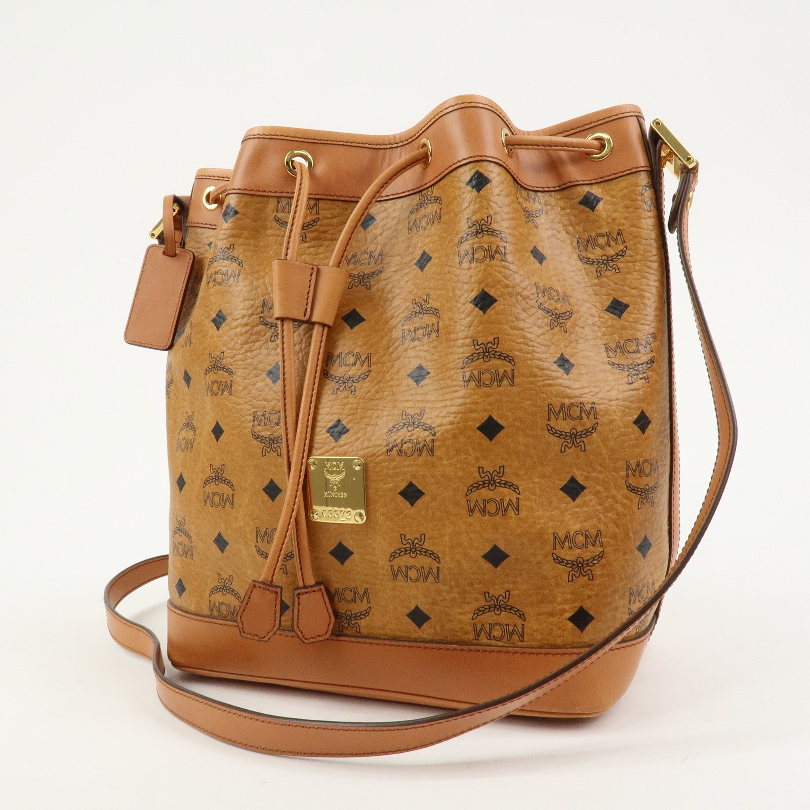 MCM Visetos Leather Bucket Bag Shoulder Bag Drawstring Brown