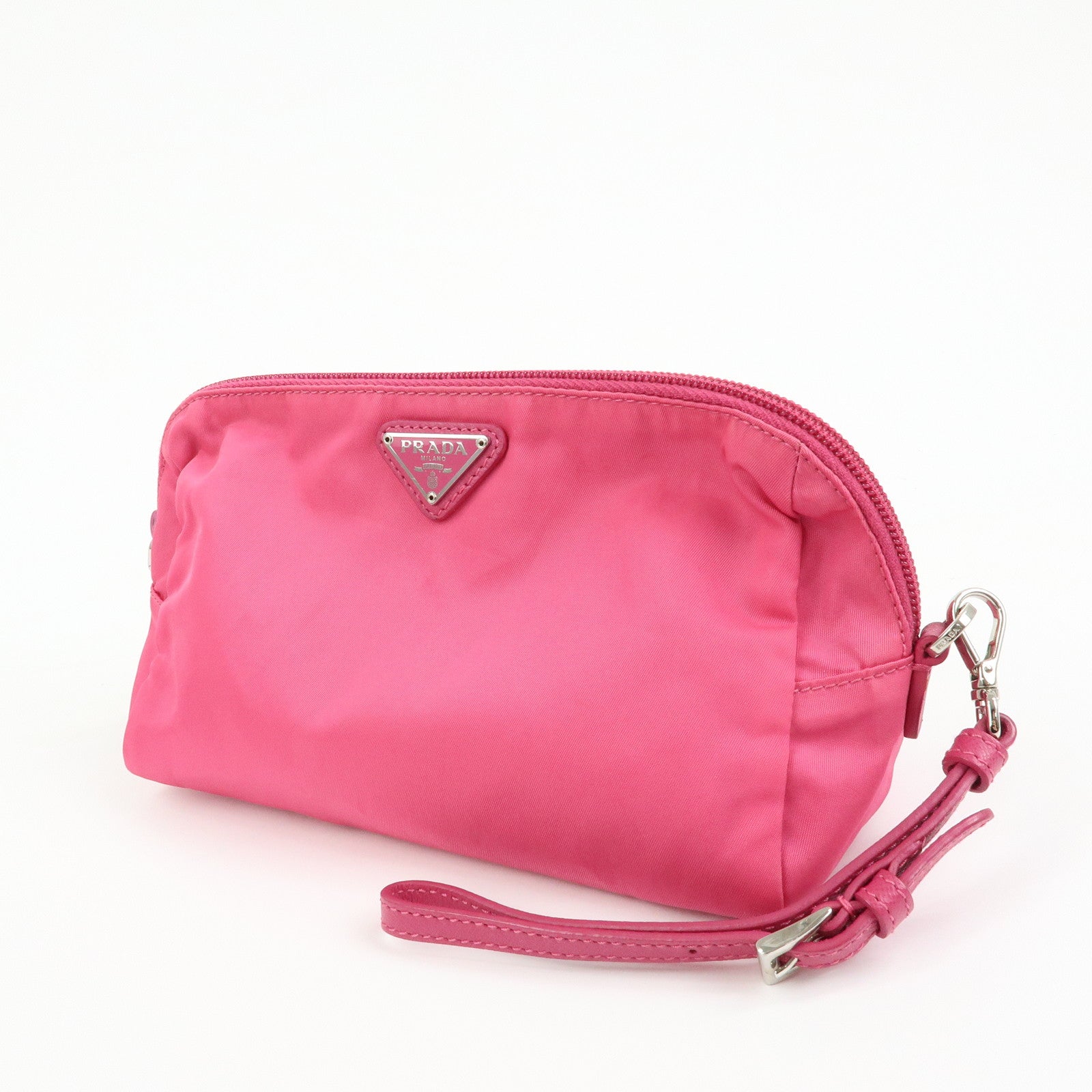PRADA Triangle Logo Nylon Leather Cosmetic Wristlet Pouch Pink