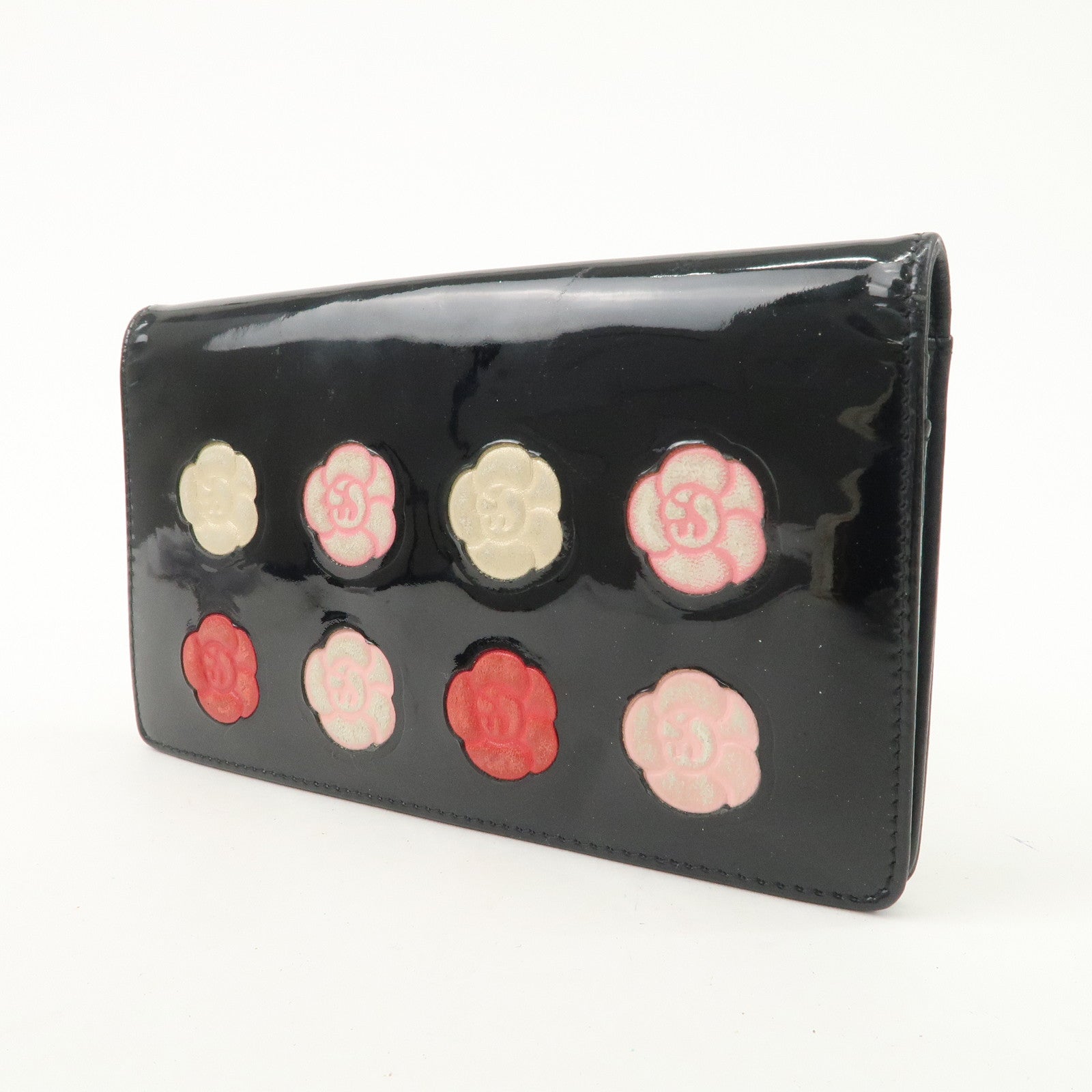 CHANEL Camelia Make Up Palette Patent Leather Long Wallet A46074 Used