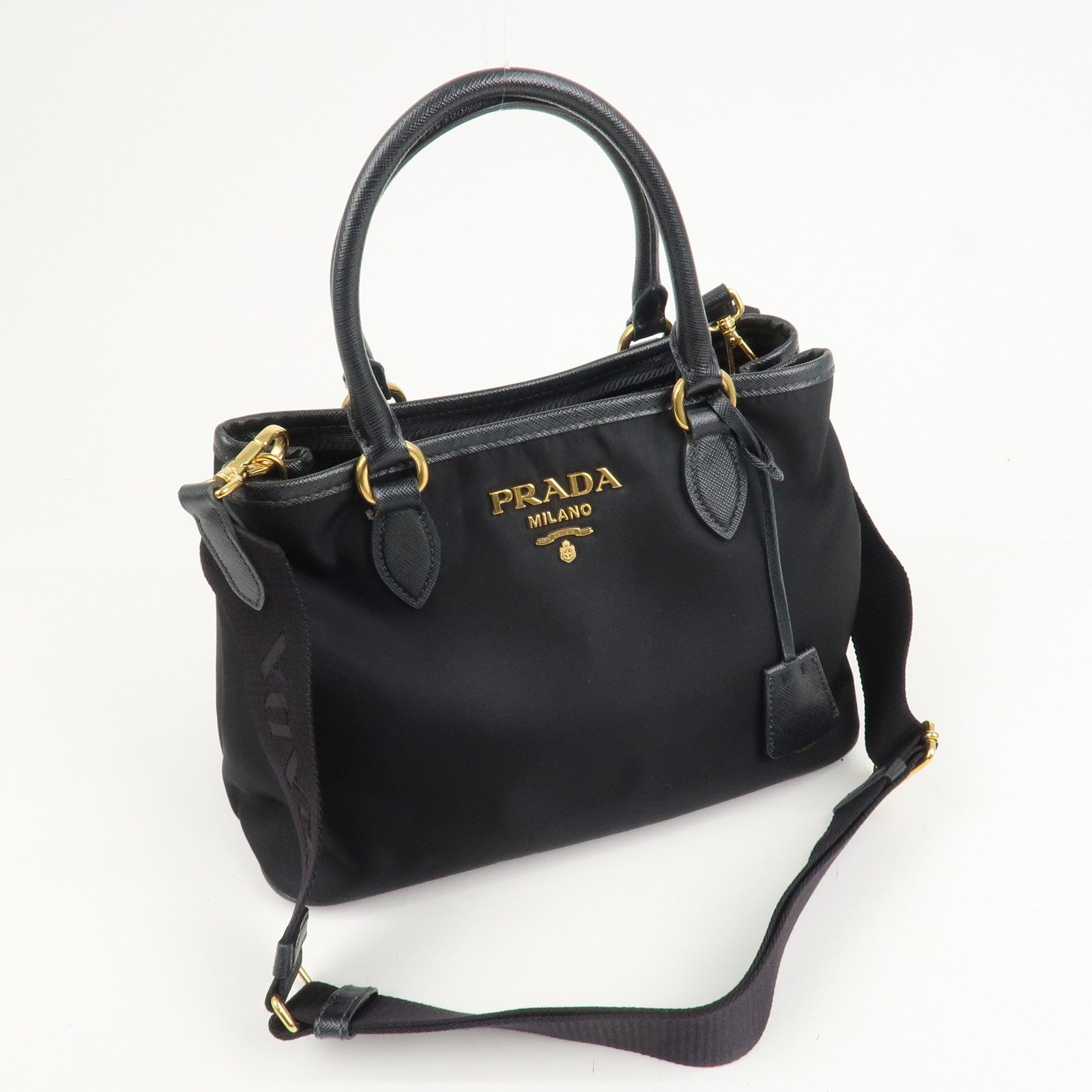 PRADA Logo Nylon Leather 2Way Hand Bag Shoulder Bag Black 1BA173