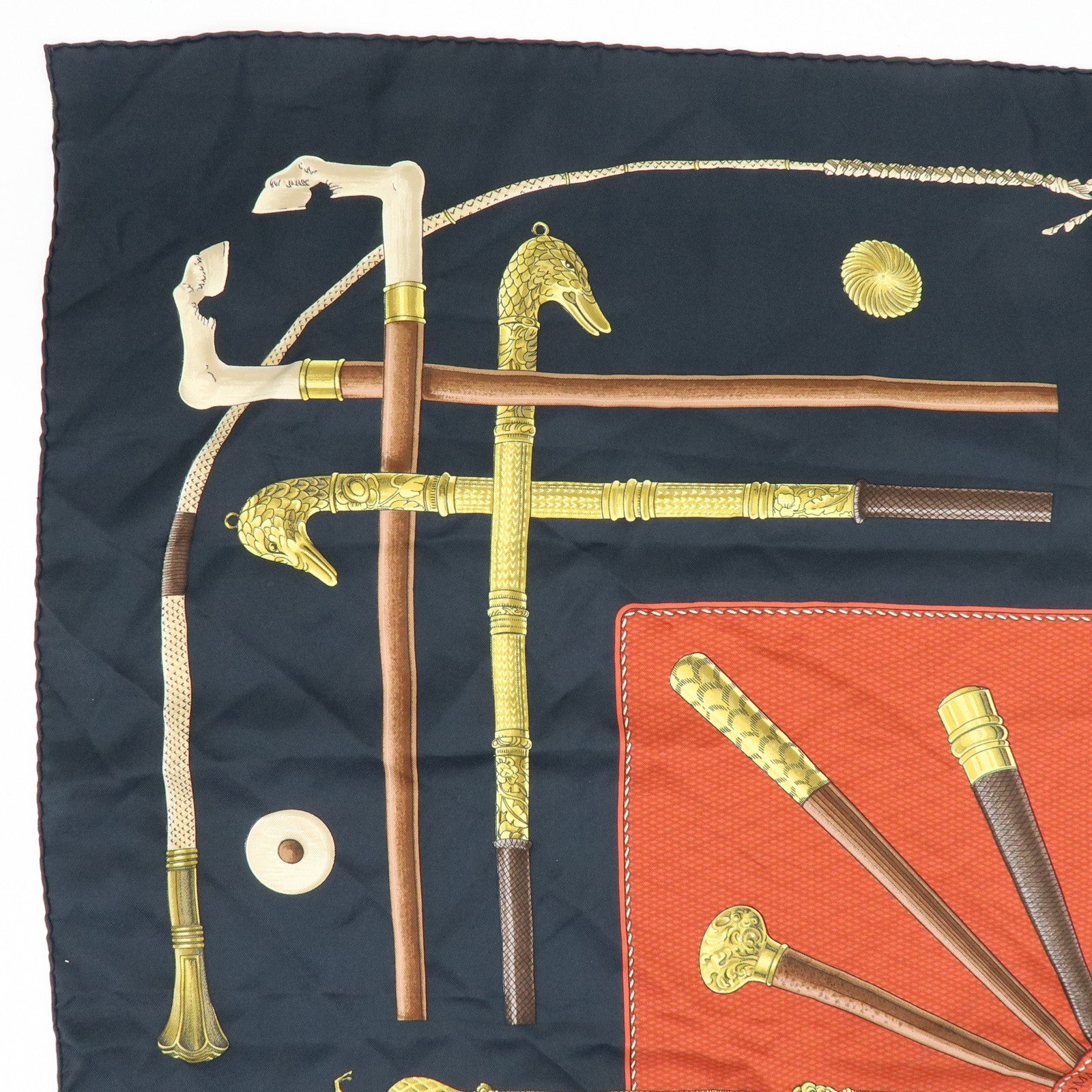 HERMES Carre 90 Silk 100% Scarf CANNES ET POMMEAUX Stick Black