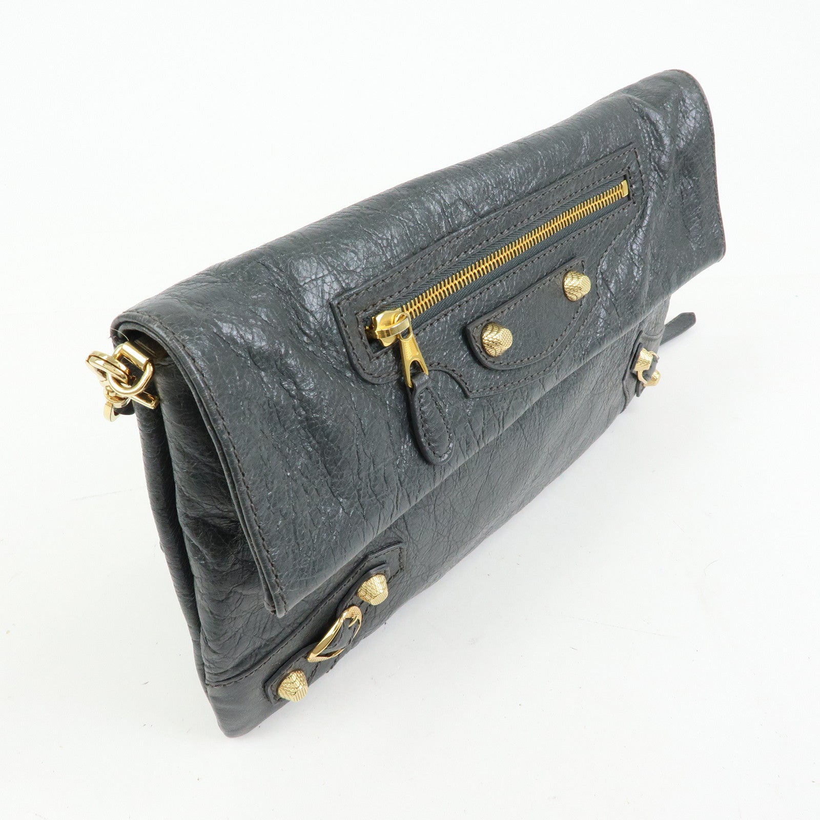 BALENCIAGA Leather Giant Envelope Clutch Shoulder Bag Grey 327079