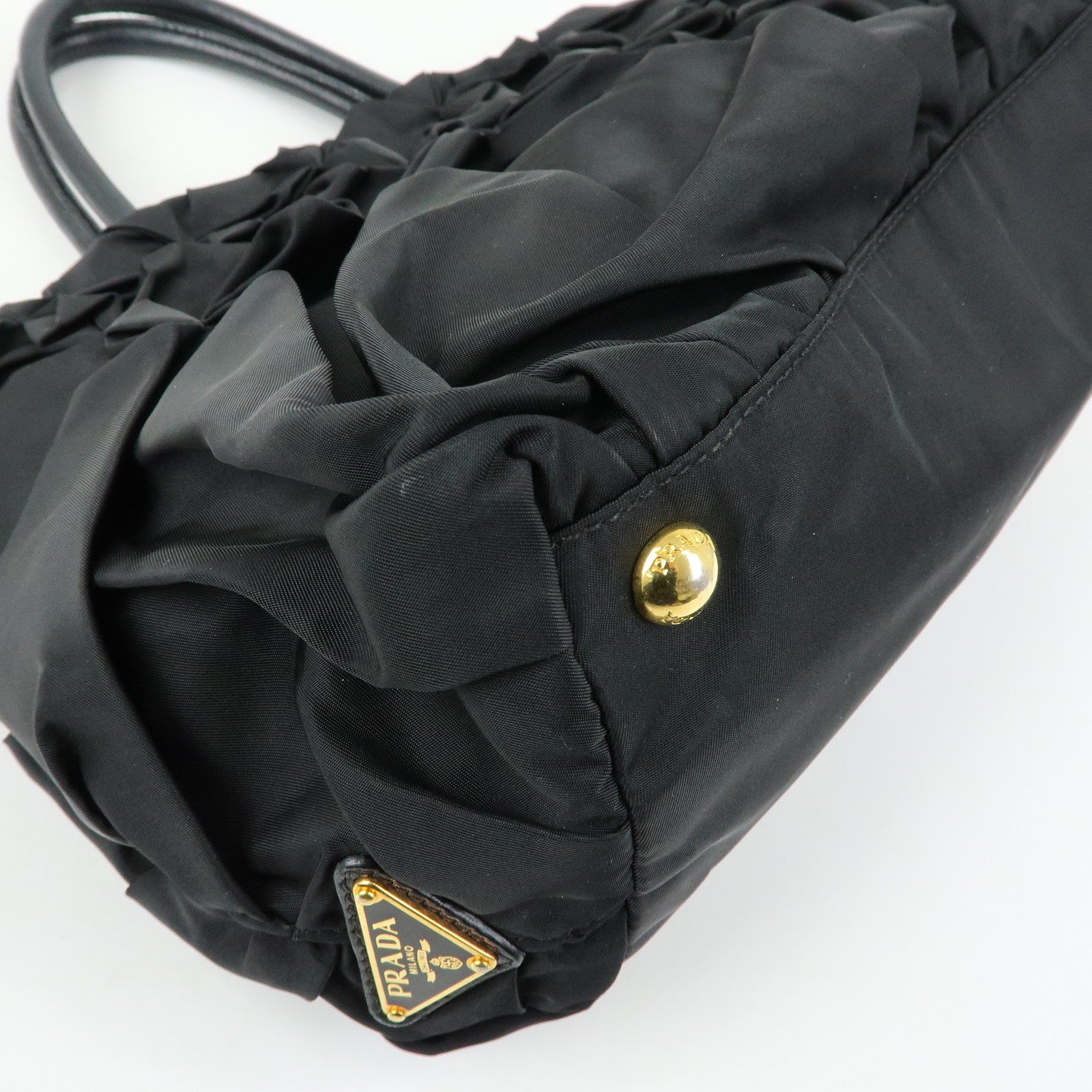 PRADA Triangle Logo Nylon Leather Hand Bag Tote Bag Black BN1701