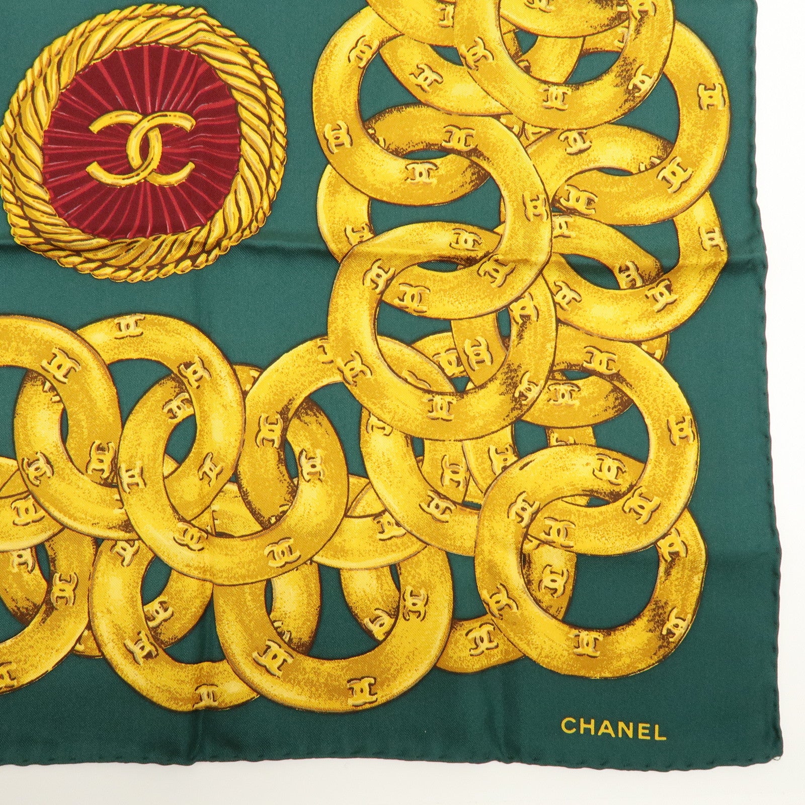CHANEL Logo Silk 100% Medallion & Chain Print Scarf Moss Green Gold