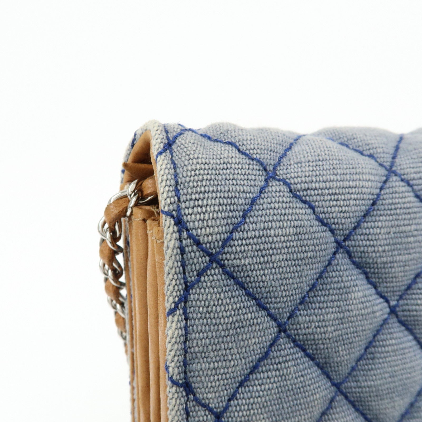 CHANEL Matelasse Denim Leather Chain Shoulder Bag Blue Light Brown