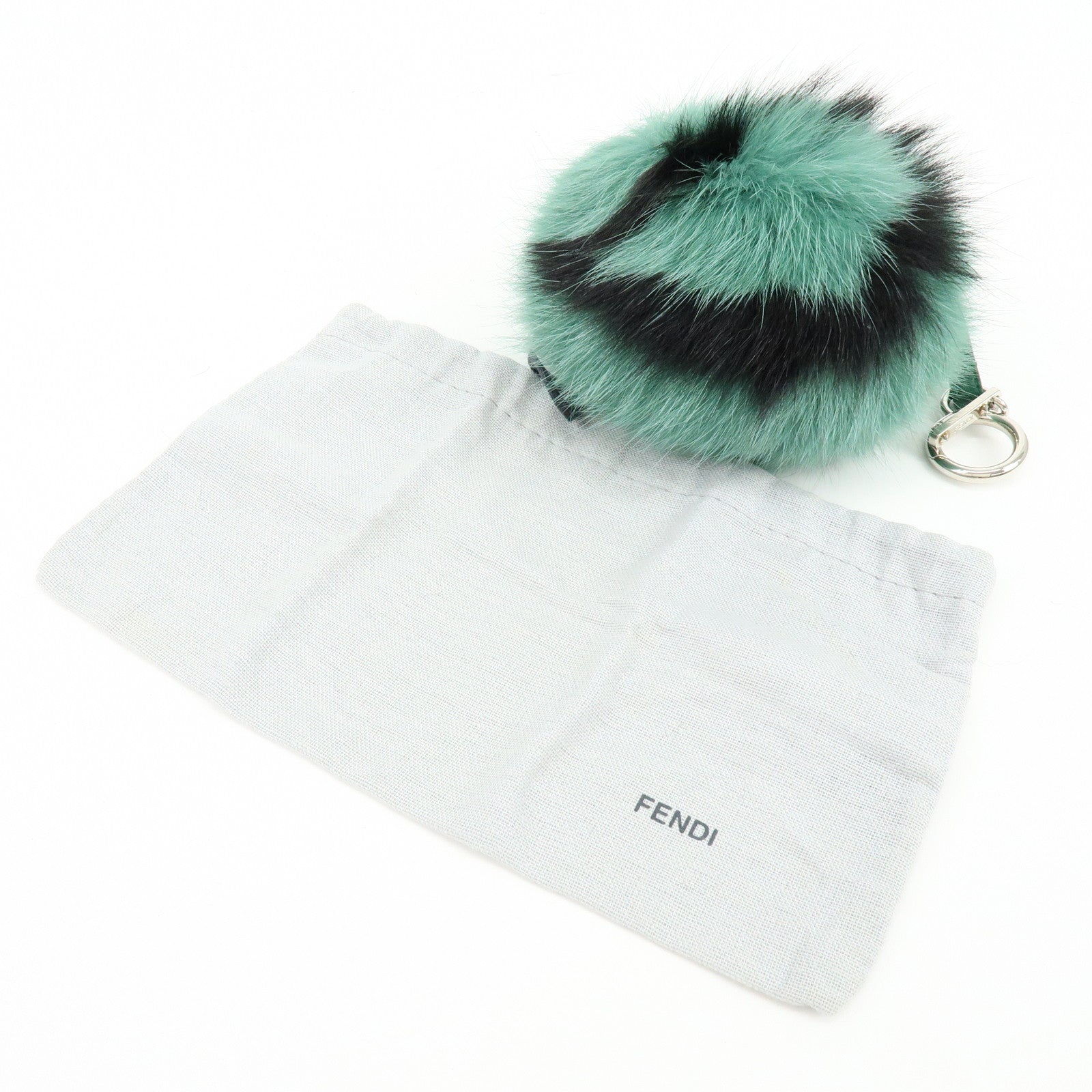 FENDI Pom Pom Fur Metal Key Chain Bag Charm Initial D Green 7AR259
