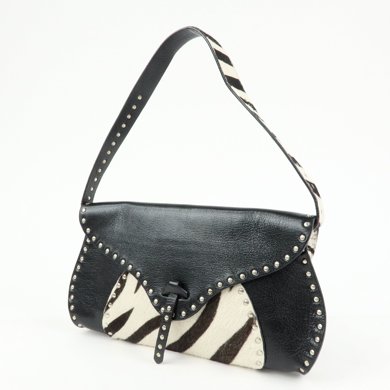 CELINE Haircalf Leather Studs Hand Bag Zebra Print Black White