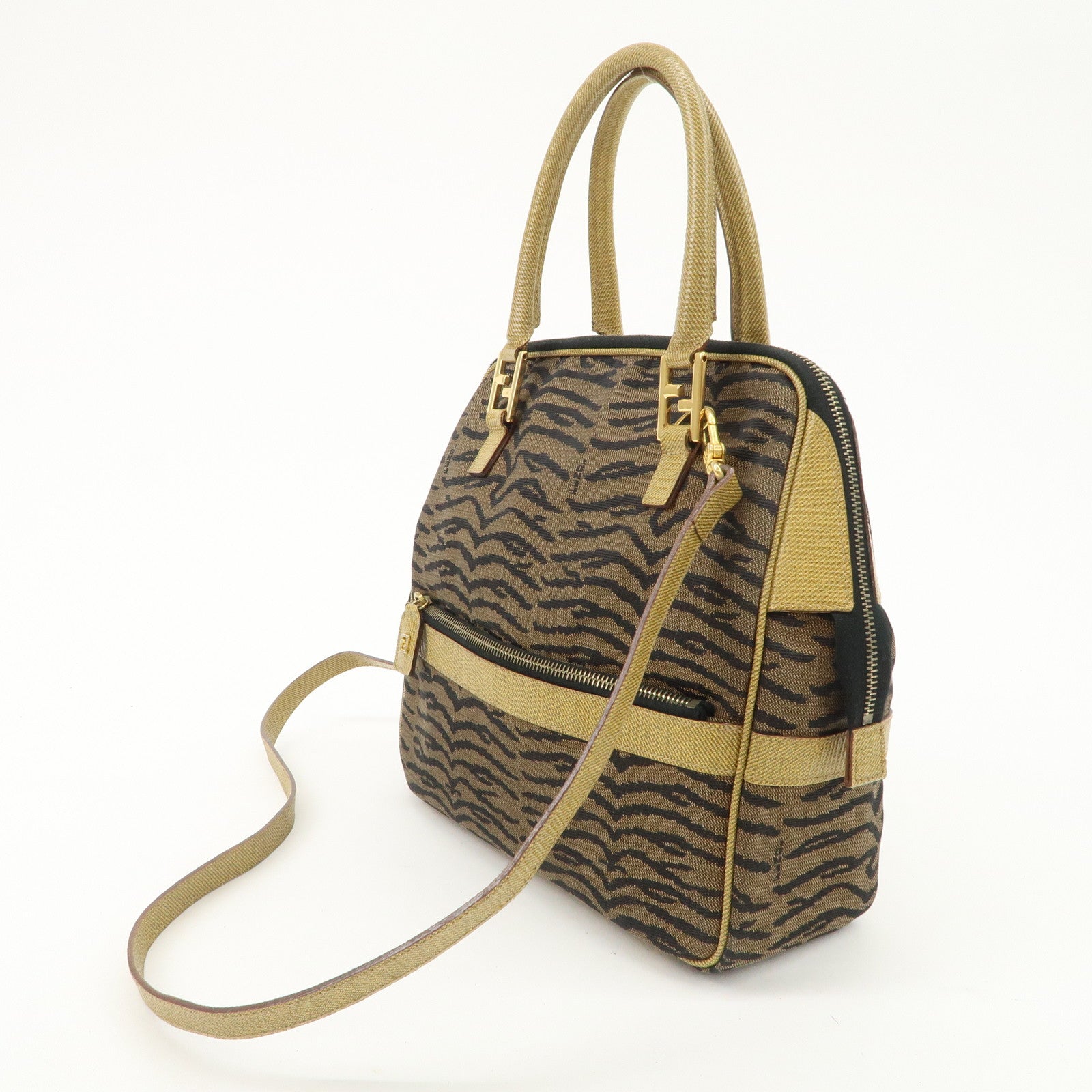 FENDI Leather Canvas 2Way Bag Hand Bag Zebra Print Black Brown Used
