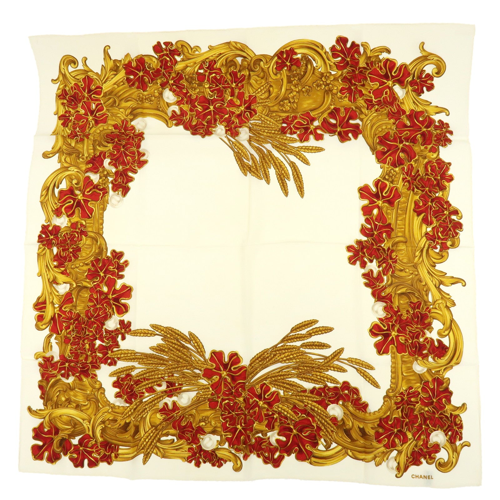 CHANEL Silk 100% Scarf Pearl Flower Motif Gold Red Ivory