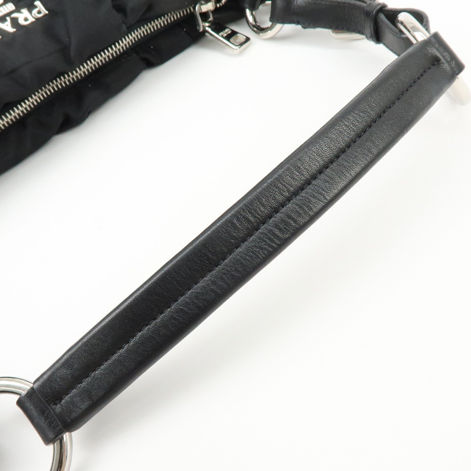 PRADA Logo Nylon Puffy Leather Shoulder Bag Hand Bag Black Silver