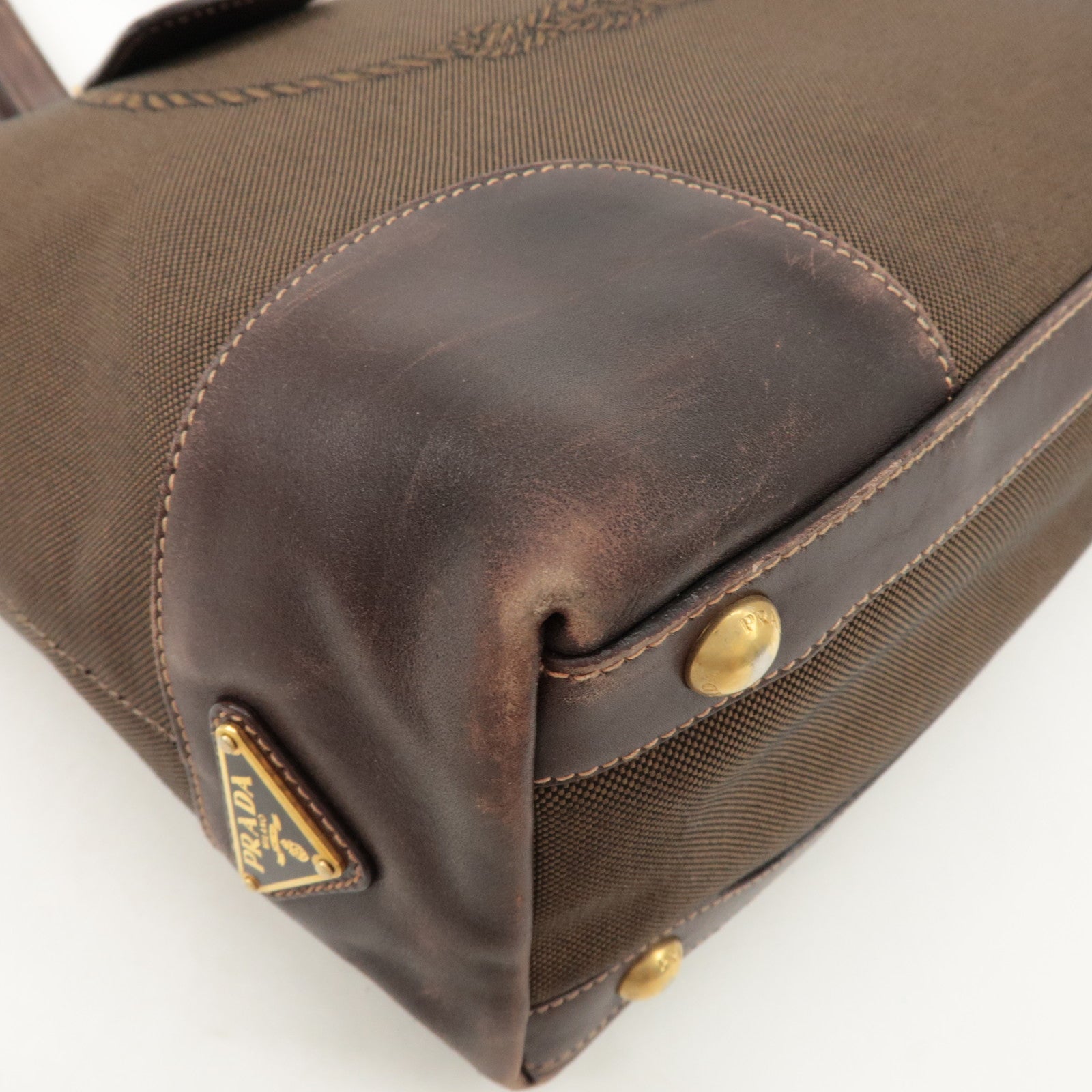 PRADA Triangle Logo Jacquard Leather 2Way Bag Tote Bag Brown Used