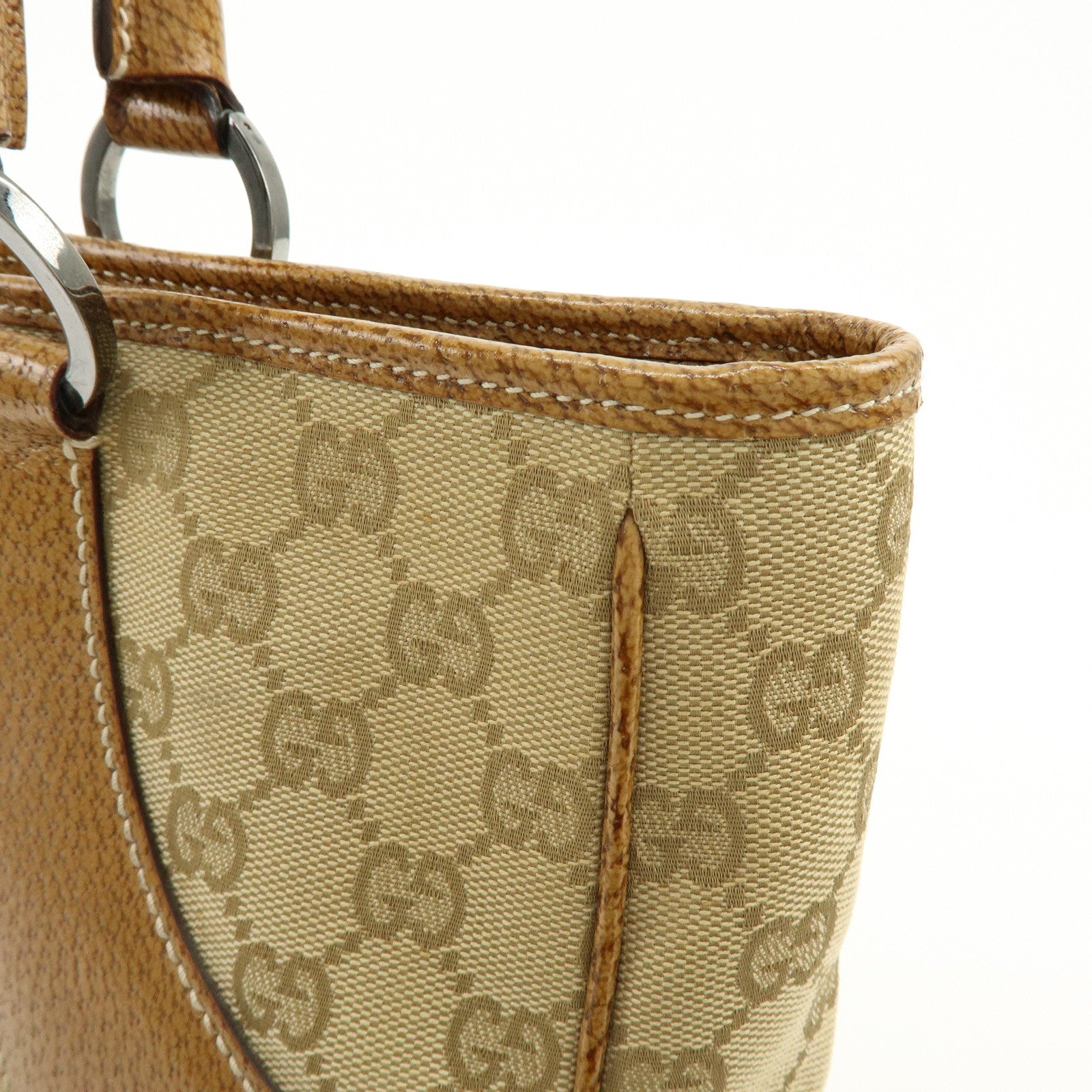 GUCCI GG Canvas Leather Tote Bag Hand Bag Beige Camel 113011