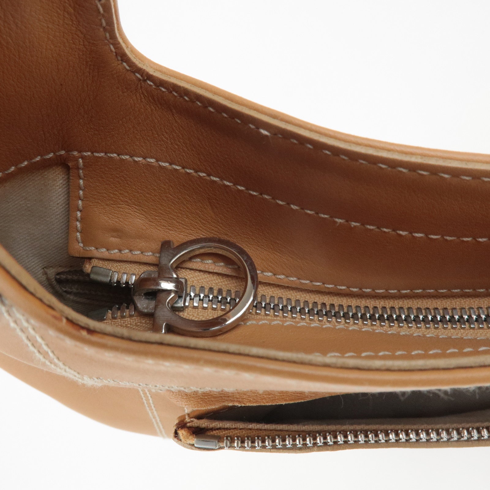 Ferragamo Gancini Leather Shoulder Bag Light Brown Silver HDW Used