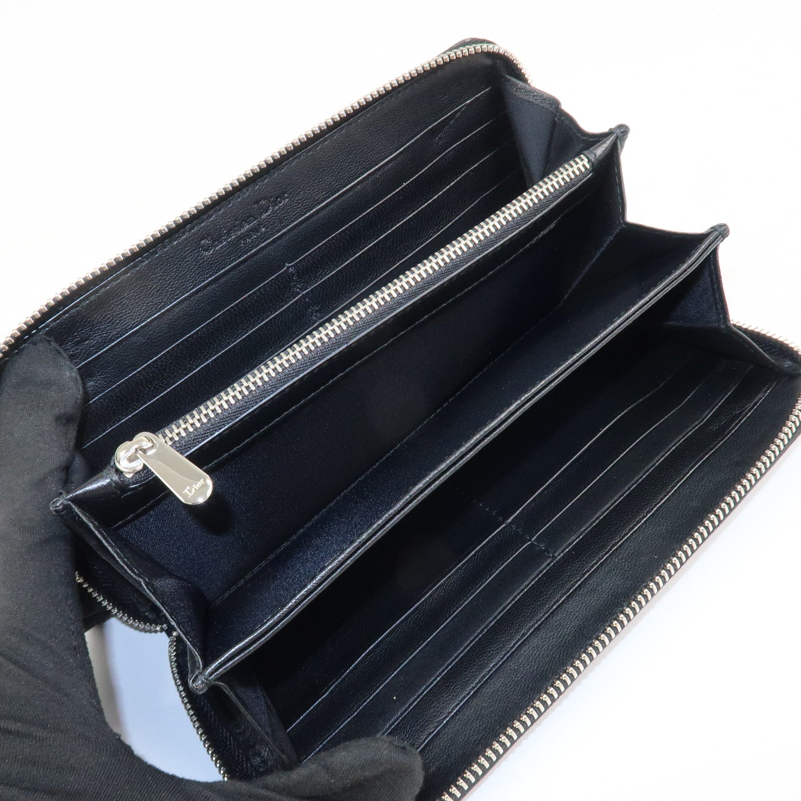 Christian Dior Trotter Patent Leather Round Zippy Long Wallet Black