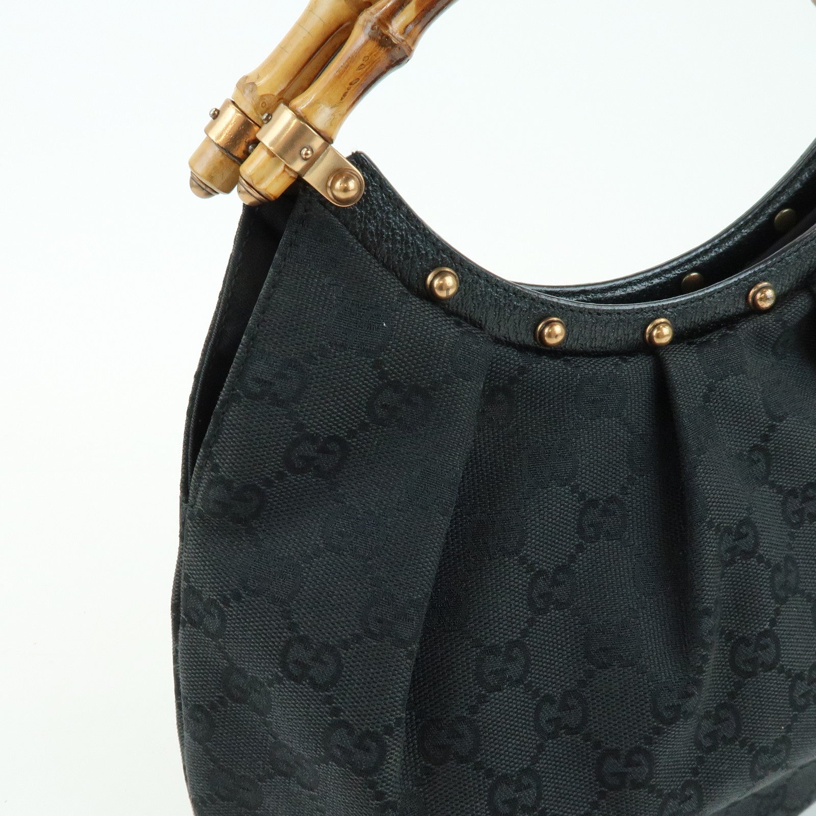 GUCCI Bamboo GG Canvas Leather Hand Bag Shoulder Bag Black 124297
