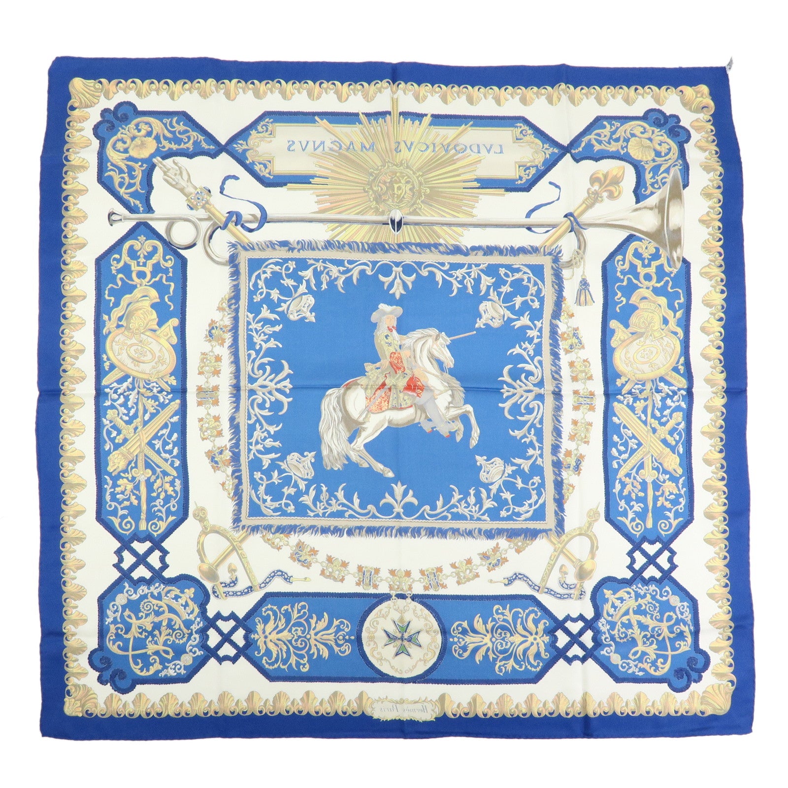 HERMES Carre 90 Silk 100% LVDOVICVS MAGNVS Scarf Blue Gold