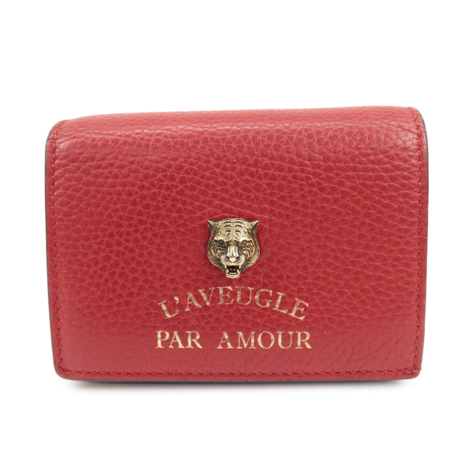 GUCCI Animalier Leather Bi-fold Compact Wallet Red 453169 Used