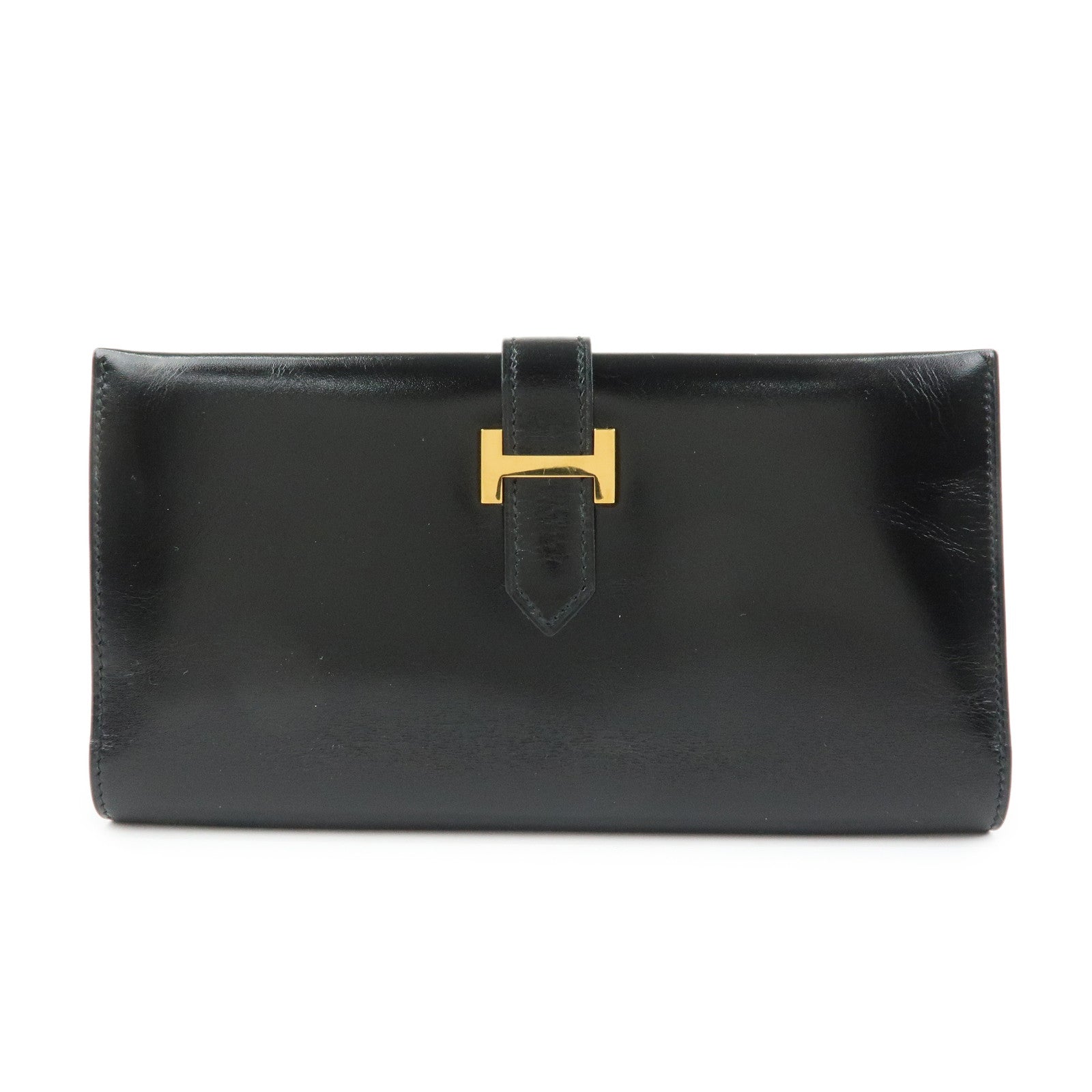 HERMES Bearn Box Calf Bi-fold Long Wallet 〇QStamped Black Gold