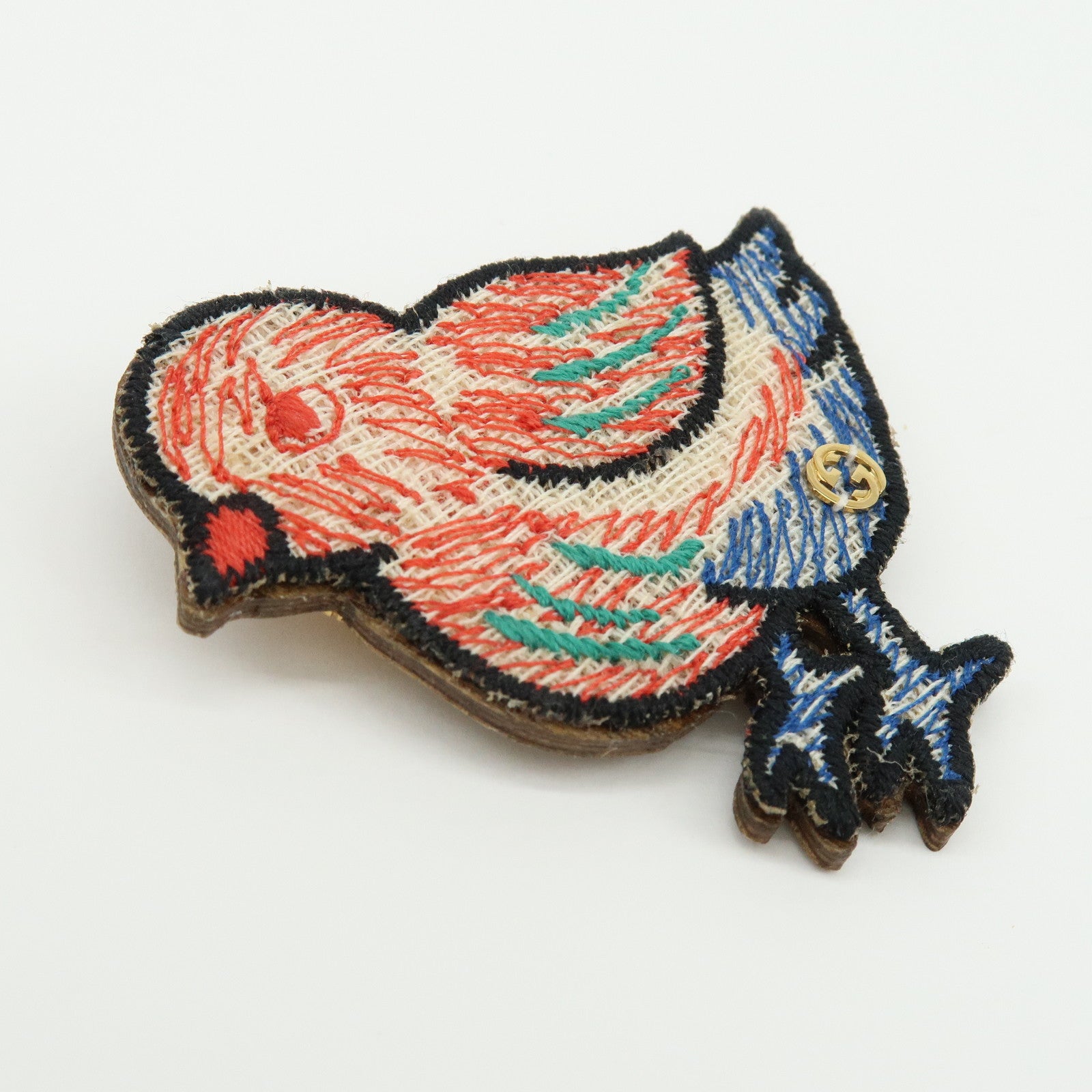 GUCCI Interlocking G Bird Motif Wood Brooch Breast Pin Red Blue